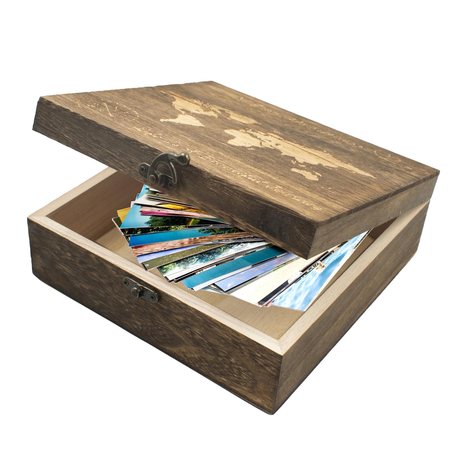 QoTang Our Adventures Box, 7.7 x 7.7 x 2.7 Inches, Decorative Wooden Keepsake Box Memory Box with World Map Background Engraved Wood Box with Lid Unique Gift Ideas Wedding Engagement Gift