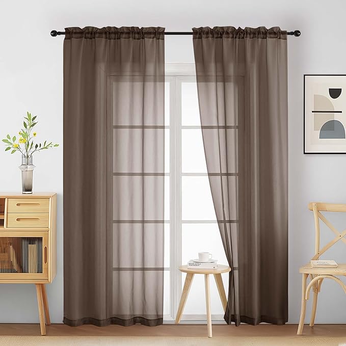 Chocolate Sheer Curtains 90 Inches Long 2 Panels, Light Filtering Solid Sheer Curtains for Bedroom Living Room, Lightweight Window Voile Sheer Drapes, Dual Rod Pocket, 2x42Wx90L Inches