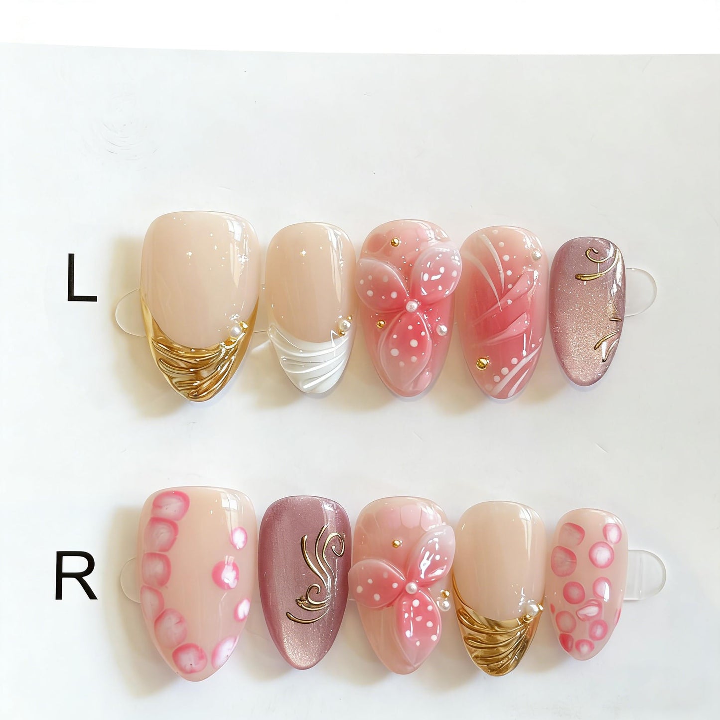 Handmade Press ons Nails Summer Pink 3D Flower Almond Shape Fake Nails with Gold Foil and Pearl Accents Reusable Glossy False Nails for Women M Size