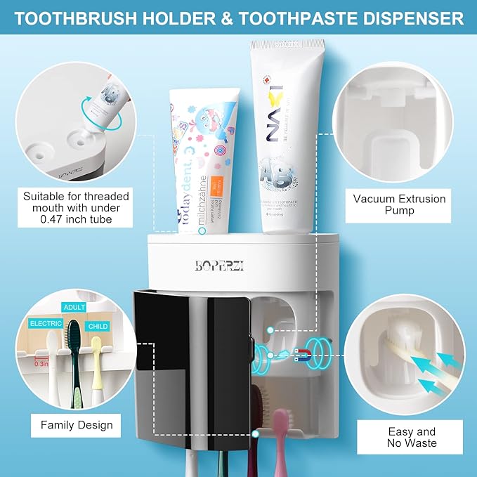 Boperzi Bathroom Razor Storage Holder and Toothpaste Dispenser Wall Mounted with Dustproof Cover, Black Toothbrush Holder Set for Mirror Shower with 2 Toothpaste Squeezers(No Electric, No Light)