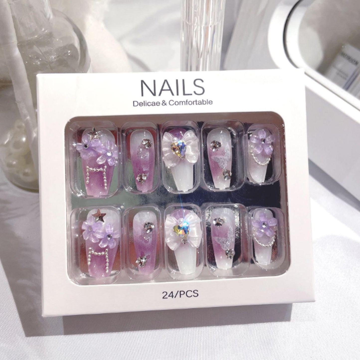 Hkanlre 3D Press on Nails Medium Fake Coffin Nails Tips Full Cover Luxury False Nails for Women and Girls 24PCS