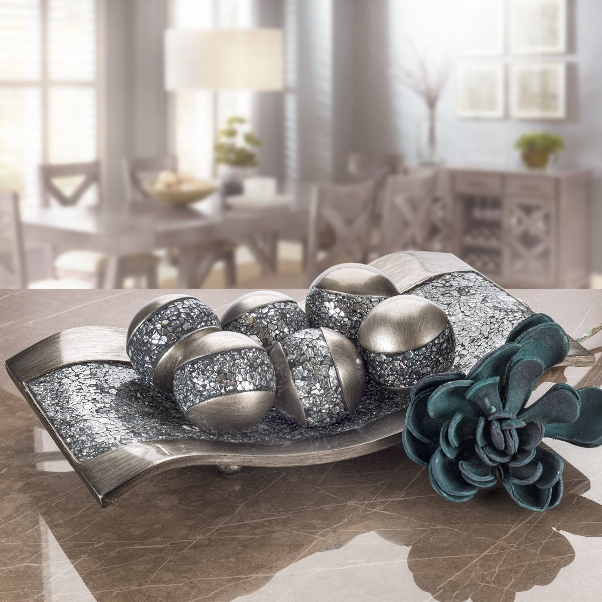 Creative Scents Schonwerk Silver Centerpiece for Dining Room - Crackled Mosaic Design Decorative Tray - Home Decor - Coffee Table Decorations Centerpiece for Dining/Living Room - Great Gift Idea