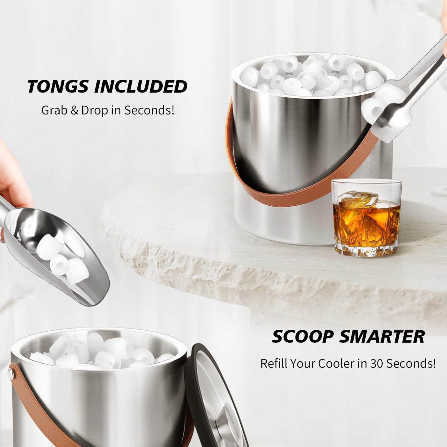 Bakpoco Double-Wall Vacuum Insulated Ice Bucket with Lid, Scoop, Ice Tong, Strainer & Leather Handle Keep Ice Frozen Longer Large Wine Ice Buckets for Cocktail Bar,Parties Chilling Beer Champagne 3L