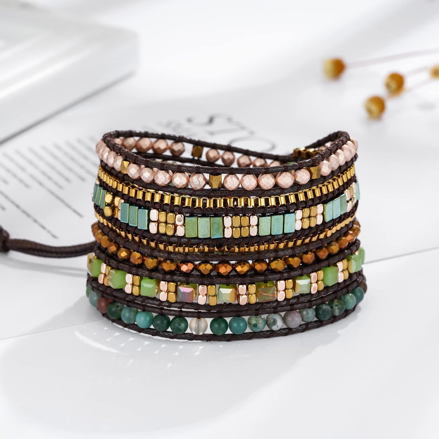 Plumiss Boho Handmade Green Stylish Natural Stone Crystal Hematite Stainless Steel Chain Mixed 5 Wrap Bracelet for Women Men