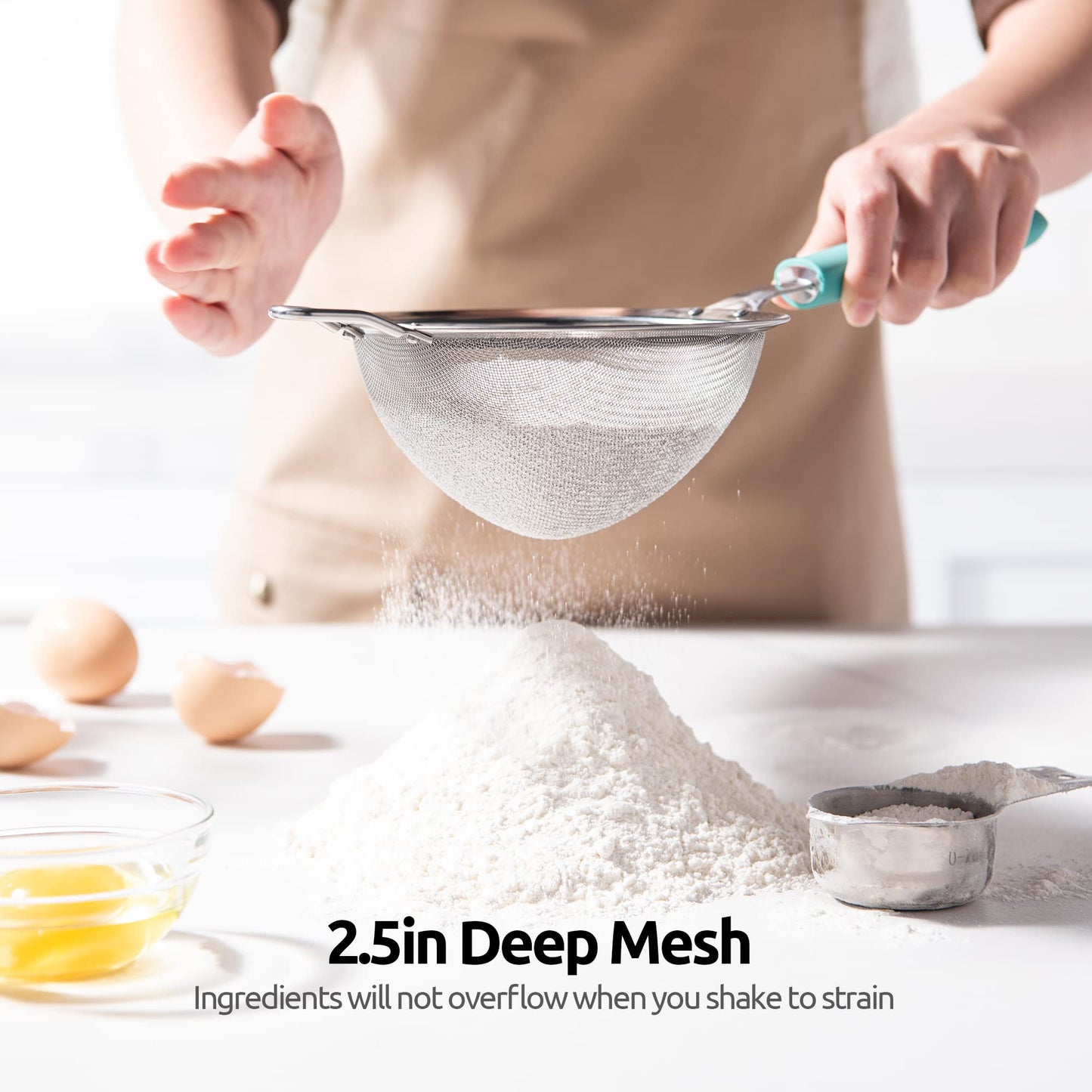 18/8 Stainless Steel Mesh Strainer: U-Taste 5.5 Inch Kitchen Fine Mesh Sieve Food Colander with Riveted Sturdy Silicone Handle and 30 Mesh Hole for Straining Flour, Pasta, Fruit, Quinoa(Aqua Sky)