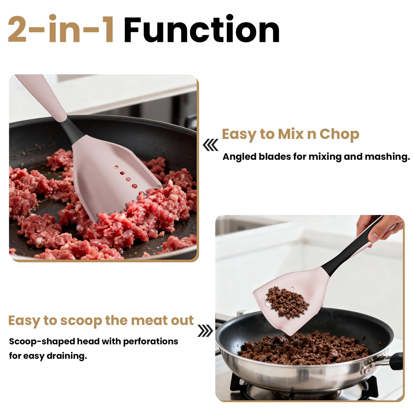 Meat Chopper Spatula Ground Beef Masher- Heat Resistant Hamburger Smasher Tool, Non Stick Ground Chopper Hamburger Grinder, Mix and Chop Potato Masher Kitchen Utensil-Pink