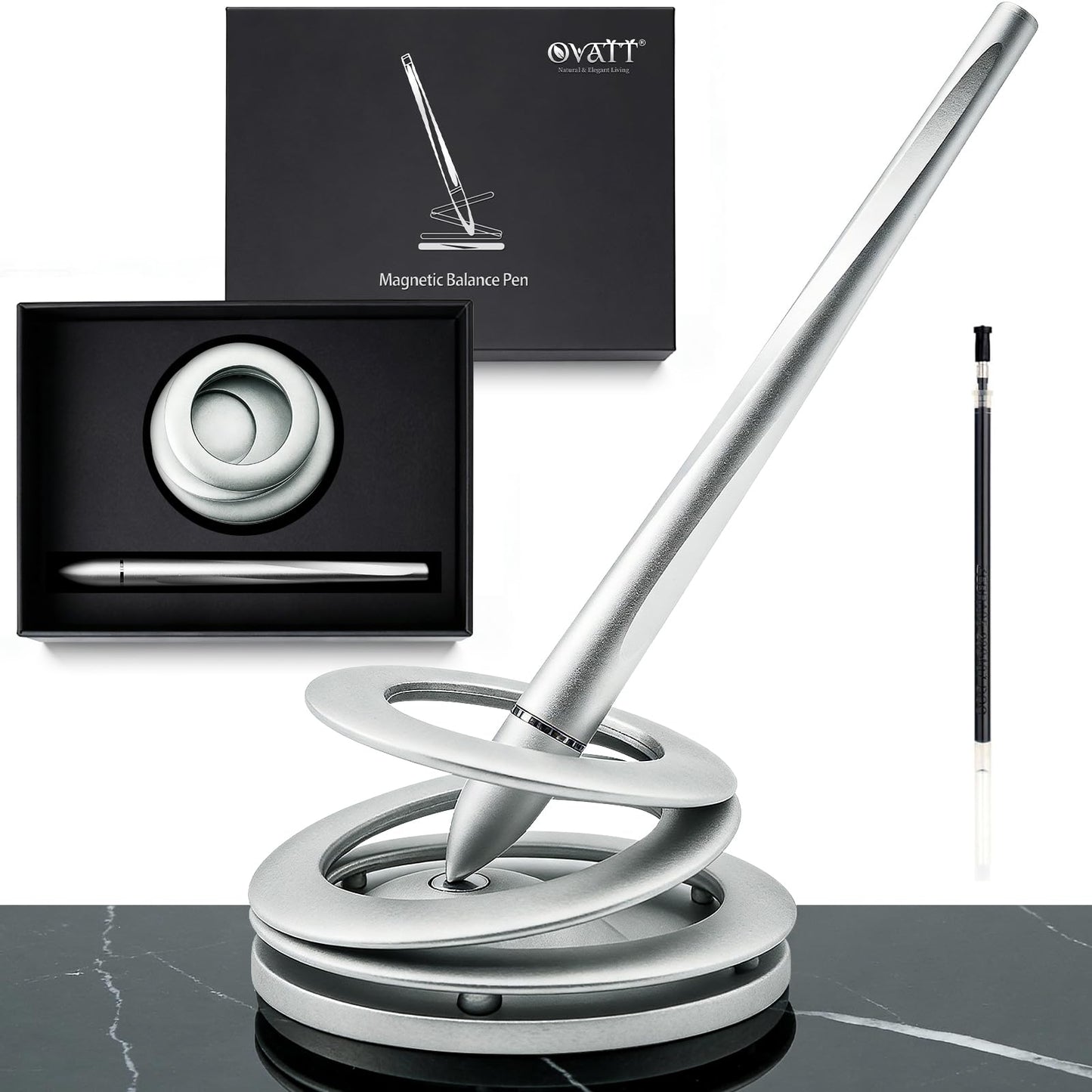 Ovatt Hoverpen Interstellar - Space Silver, Ballpoint Pen, Unique Conversational Starter, Premium Futuristic Design, Precision Flow Ink, Schmidt Ballpoint Cartridges (Silver)