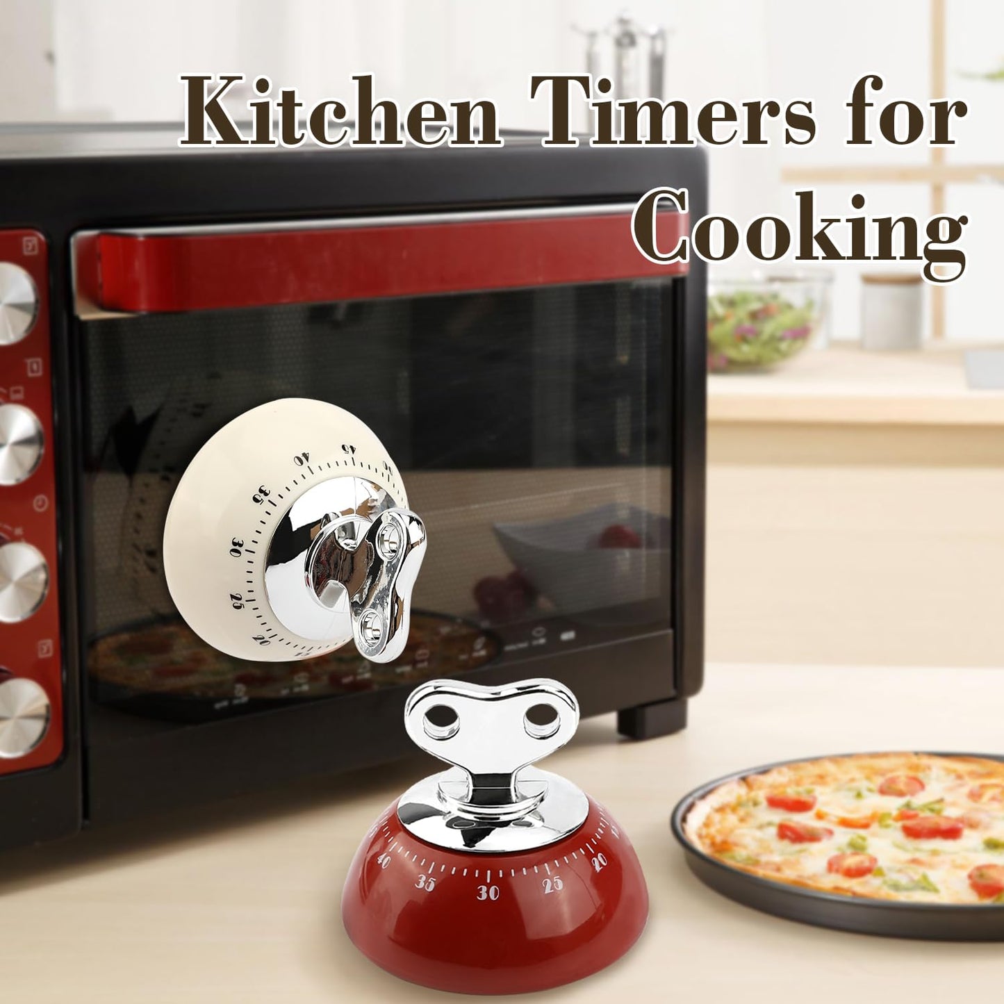 Kitchen Timer, 2 Pack Mechanical Wind Up Visual Countdown Timer with Magnetic Back & Loud Alarm, No Battery Required for Cooking, Baking, Kids, BBQ, Red & Beige
