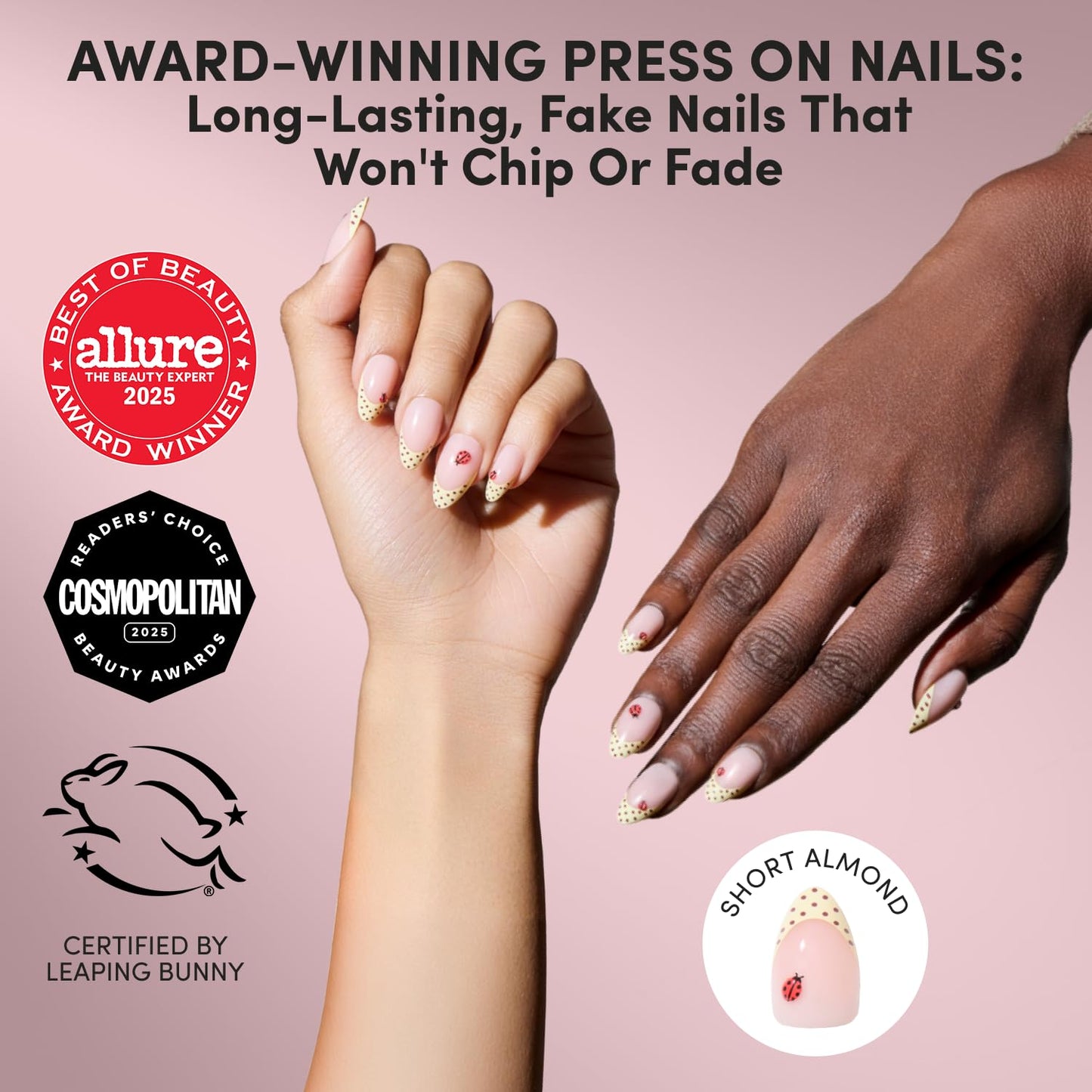 Glamnetic Press On Nails - Short Almond Fake Nails with Polka Dot French Tips & Ladybugs | Salon Quality Summer Nails | Lady Luck | 15 Sizes - 30 Nail Kit with Glue