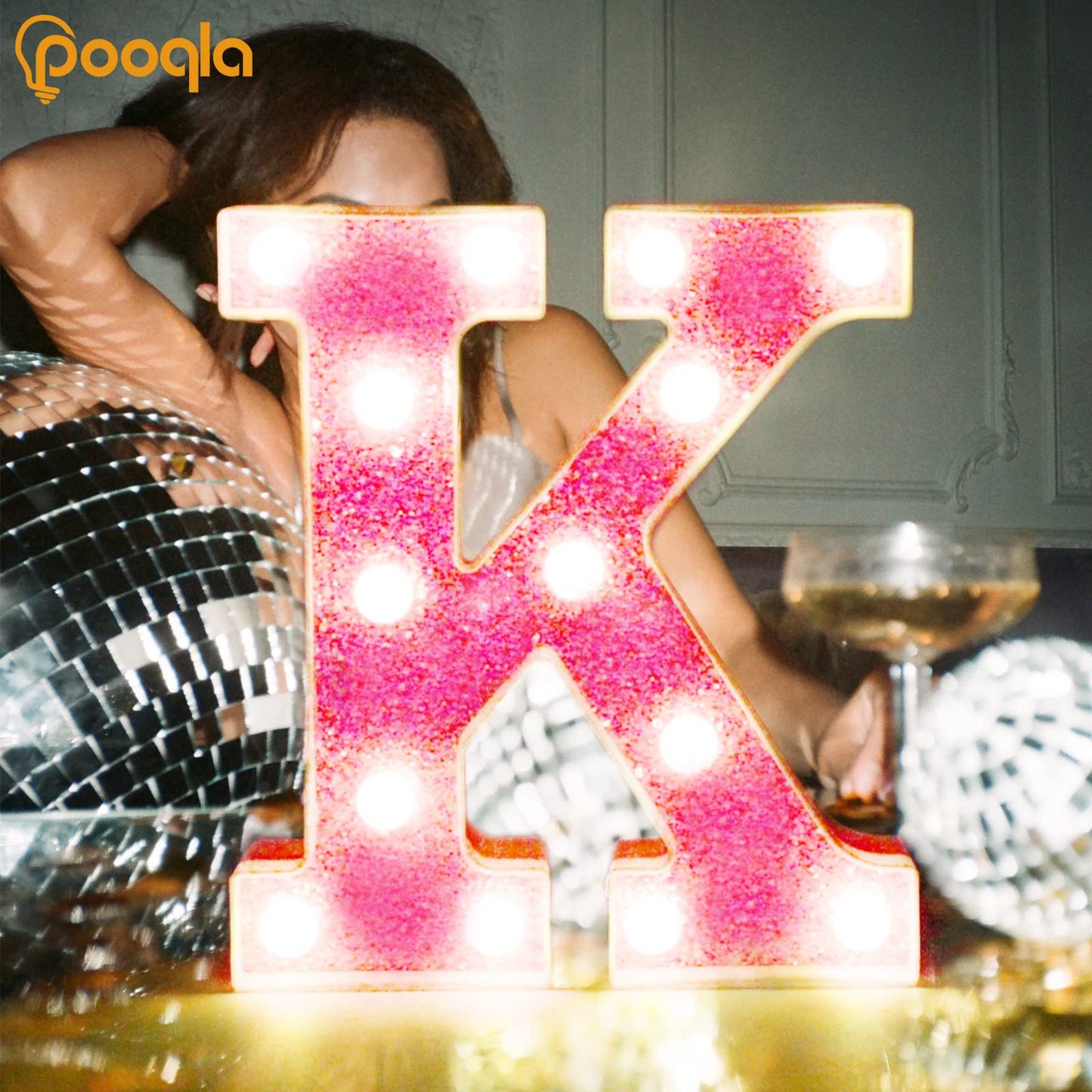 Pooqla LED Marquee Lights, Pink Glitter Alphabet Letters - Battery Powered Night Light, Birthday Party, Wedding, Home Bar, Christmas Decoration - Letter B