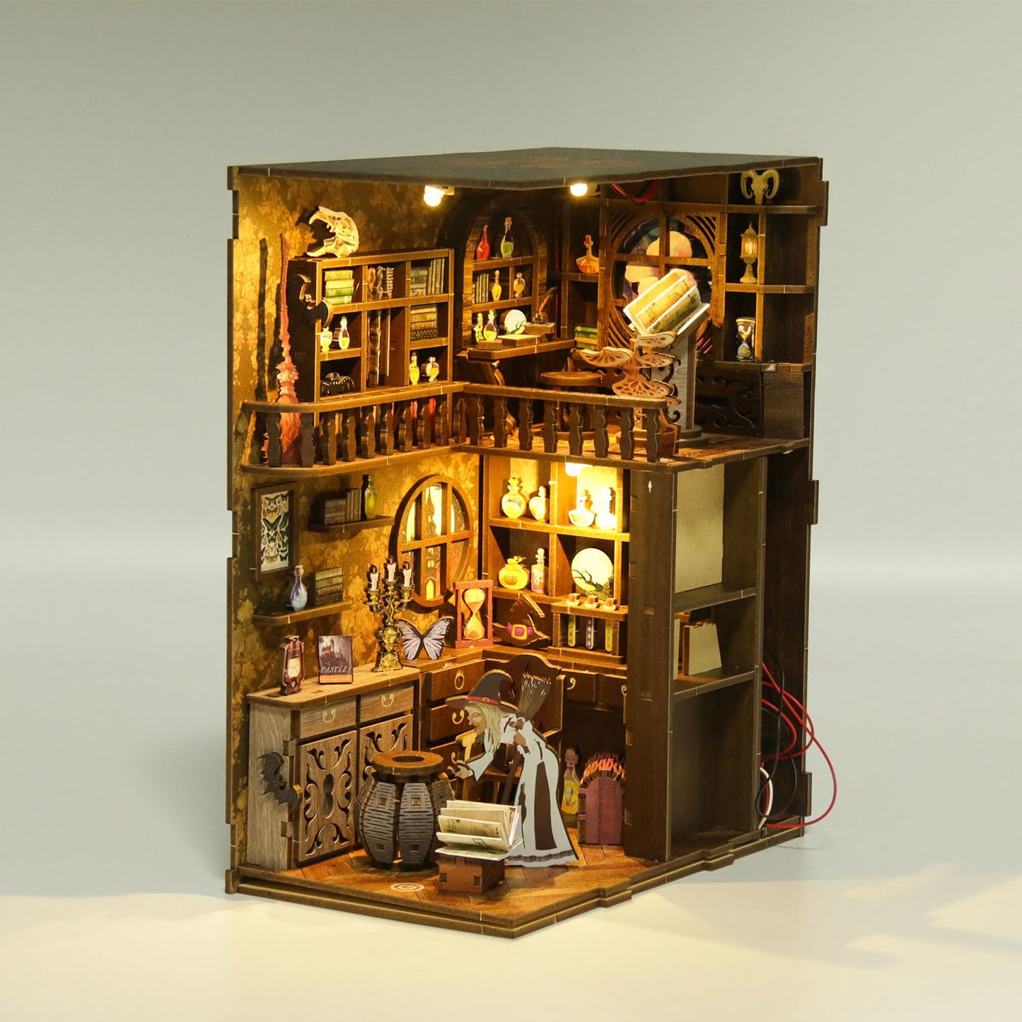 NEXTIPS Magic Academy Book Nook Kit with LED Lights - 3D Wooden DIY Miniature Library for Bookshelf Decor, Gift for Harry Potter Fans