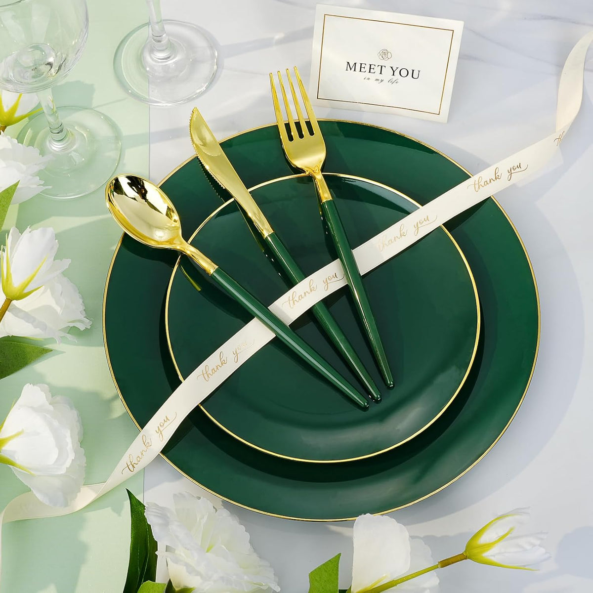 50PCS Green Gold Plastic Plates, Green Disposable Plates for Party, Wedding, Include 25 Dinner Plates, 25 Dessert Plates for 25 Guests