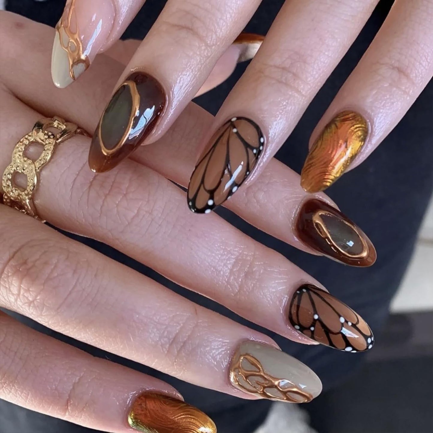 IMRAIN Brown Press on Nails Medium Almond Fake Nails Fall Butterfly Glossy Artificial False Nails Full Cover Golden Line Stick on Nails for Women Girls