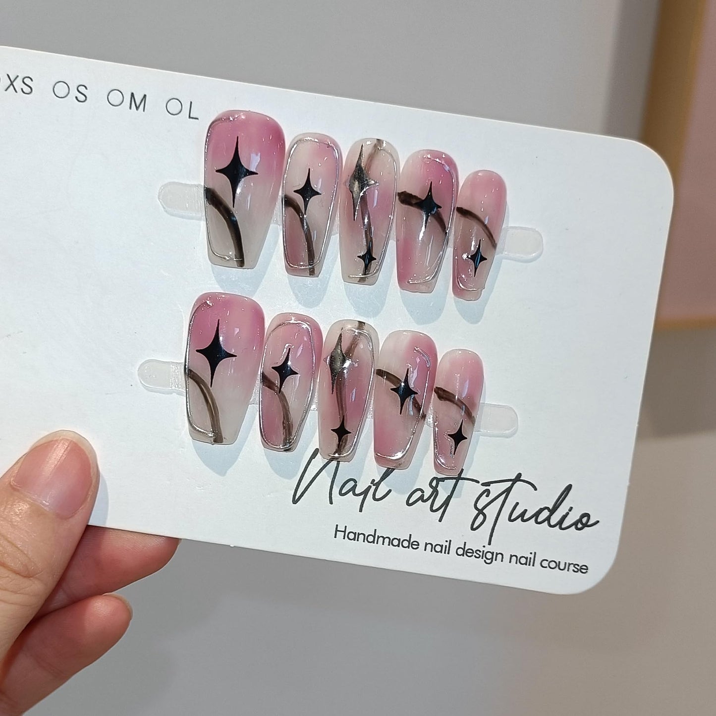 TENPAL Pink Ombre Silver Coffin Acrylic Nails,Handmade Press On Nails With Tools,Glossy Y2K Star Glitter Designs Glue on Nails,Cute Cool Retro Kawaii Kpop False Fake Nails for Women 10Pcs(XS)