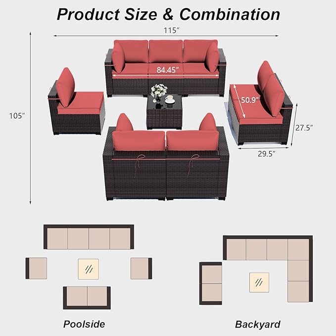 ALAULM Patio Furniture Set with Coffee Table, 9 Pieces Outdoor Sectional with Wide Seat and Thick Cushion, All Weather Wicker Rattan Conversation Set for Backyard, Garden, Deck, Red