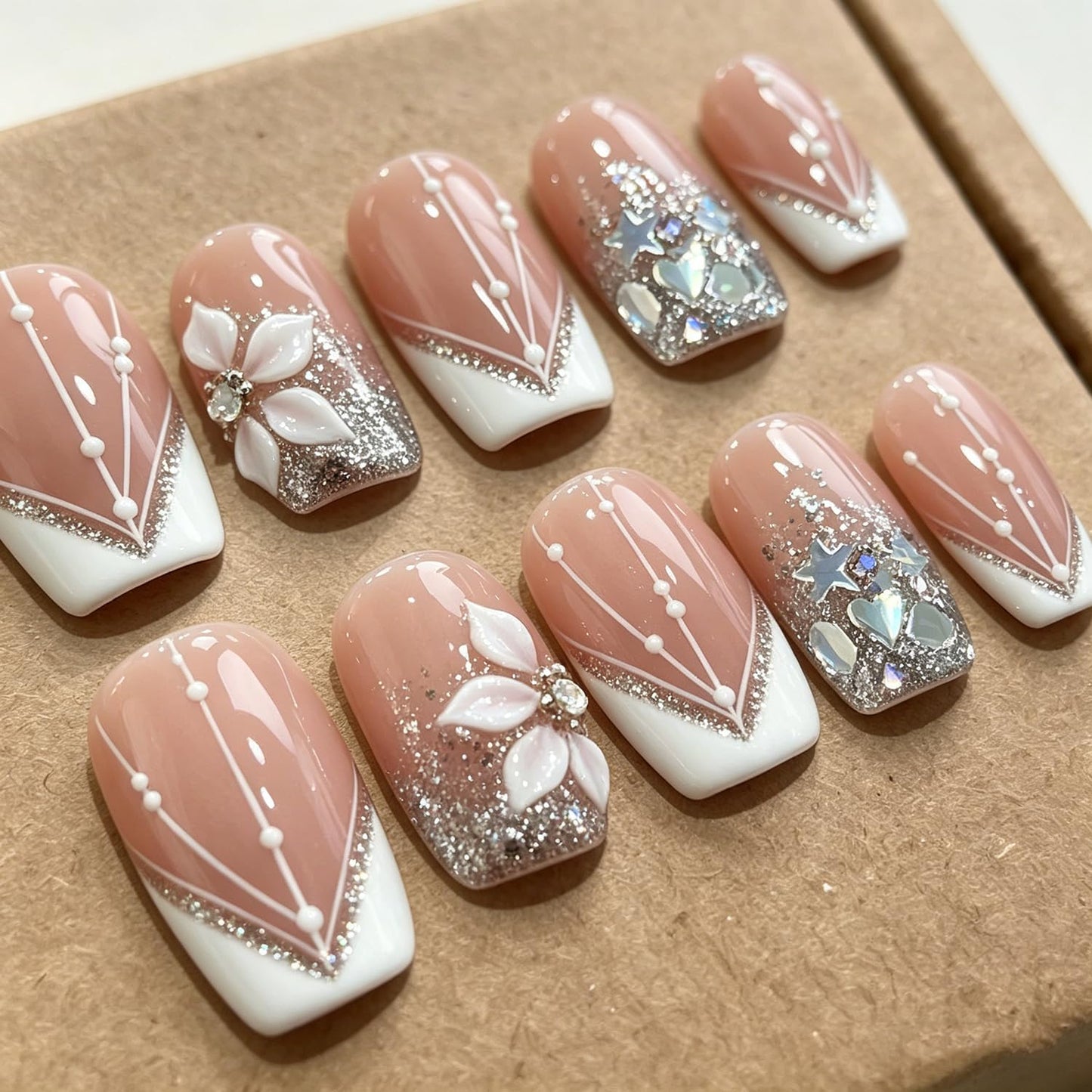 Luxury Press on Nails Medium Square Handmade 3D Unique Reusable ABS Material Fake Nails White French Tip False Nails with Glitter Flower Designs Elegant Glossy Glue on Nail Thick Acrylic Nail(M)