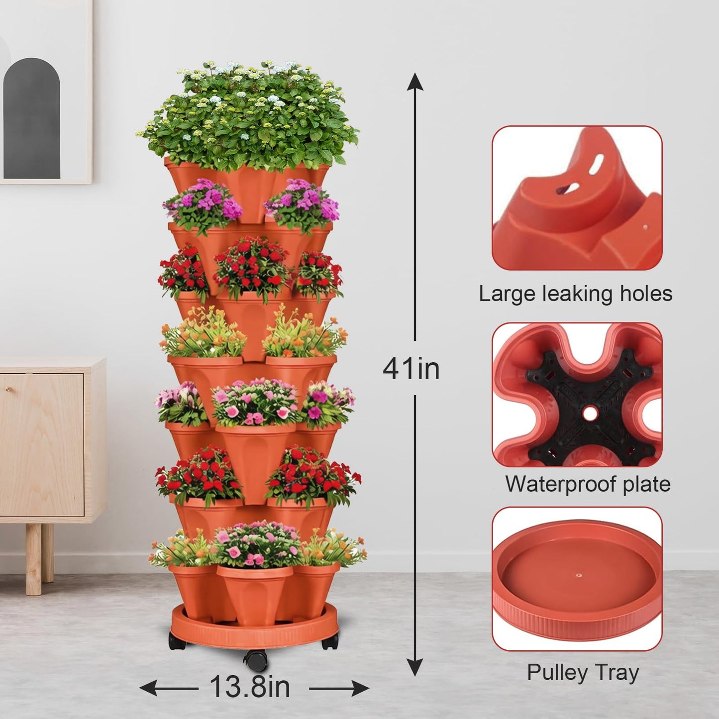 SunFunUSA 7 Tier Vertical Strawberry Planter-Tower Stackable Herb Planter Stacking Garden Planters Pot Outdoor with Tools Mover for Growing Flowers, Vegetables and Succulents, Red