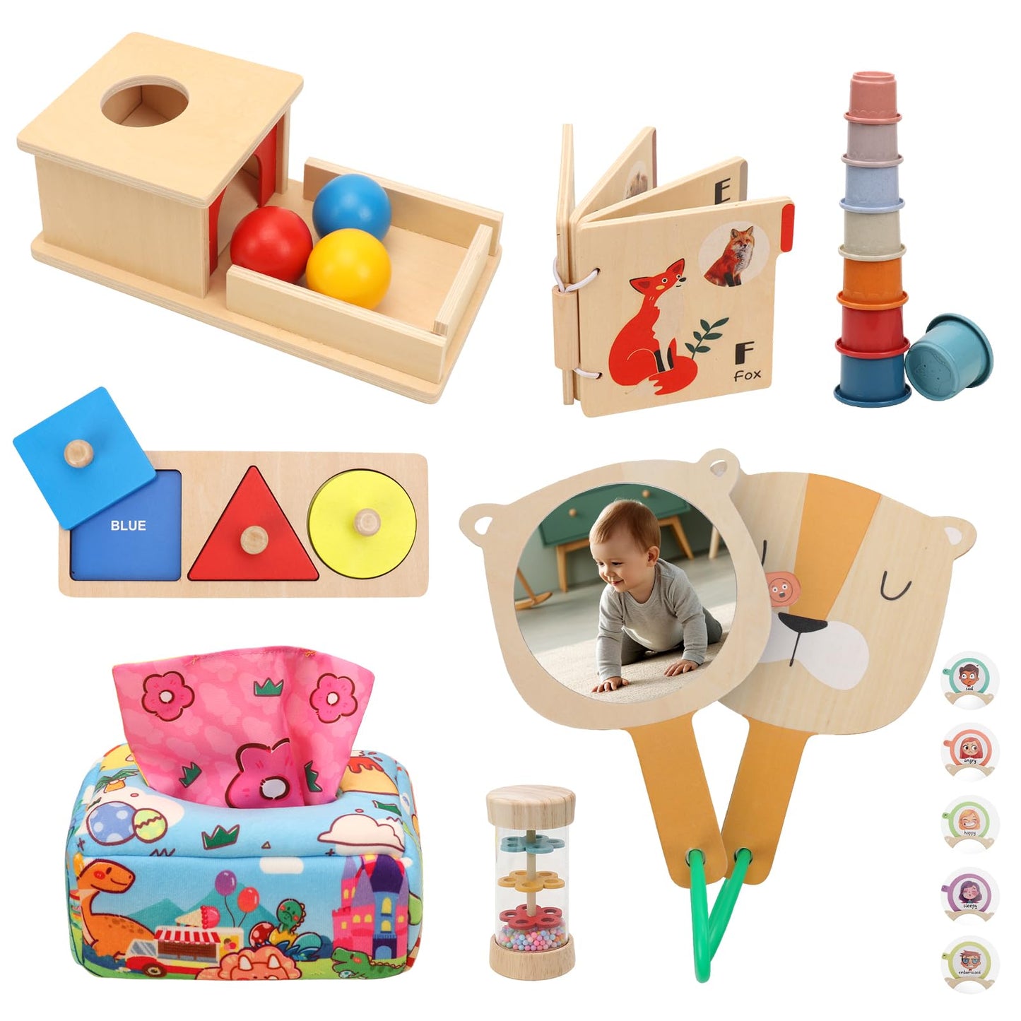 Montessori Toys for Babies 6-12 Months, 7 in 1 Wooden Educational Development Toys Sensory Learning Gift for Toddlers with Object Permanence Box, Emotion Learning Mirror, Tissue Box,Rainmaker and More