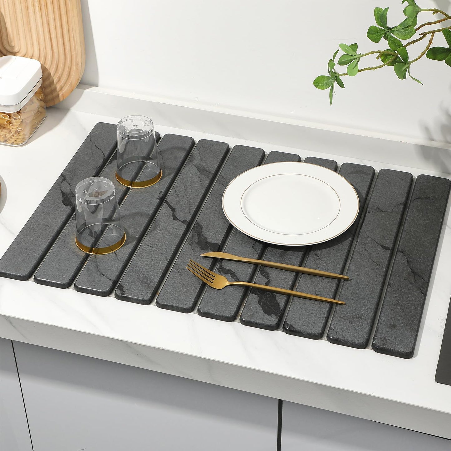 Large Stone Dish Drying Mat for Kitchen Counter, Quick Dry Stone Dishes Mats,Foldable Water Absorbing Diatomaceous Earth Drying Organizer Pad for Plate Rack Bottles Utensils(Dark Gray 24"×16" & 8"x4")