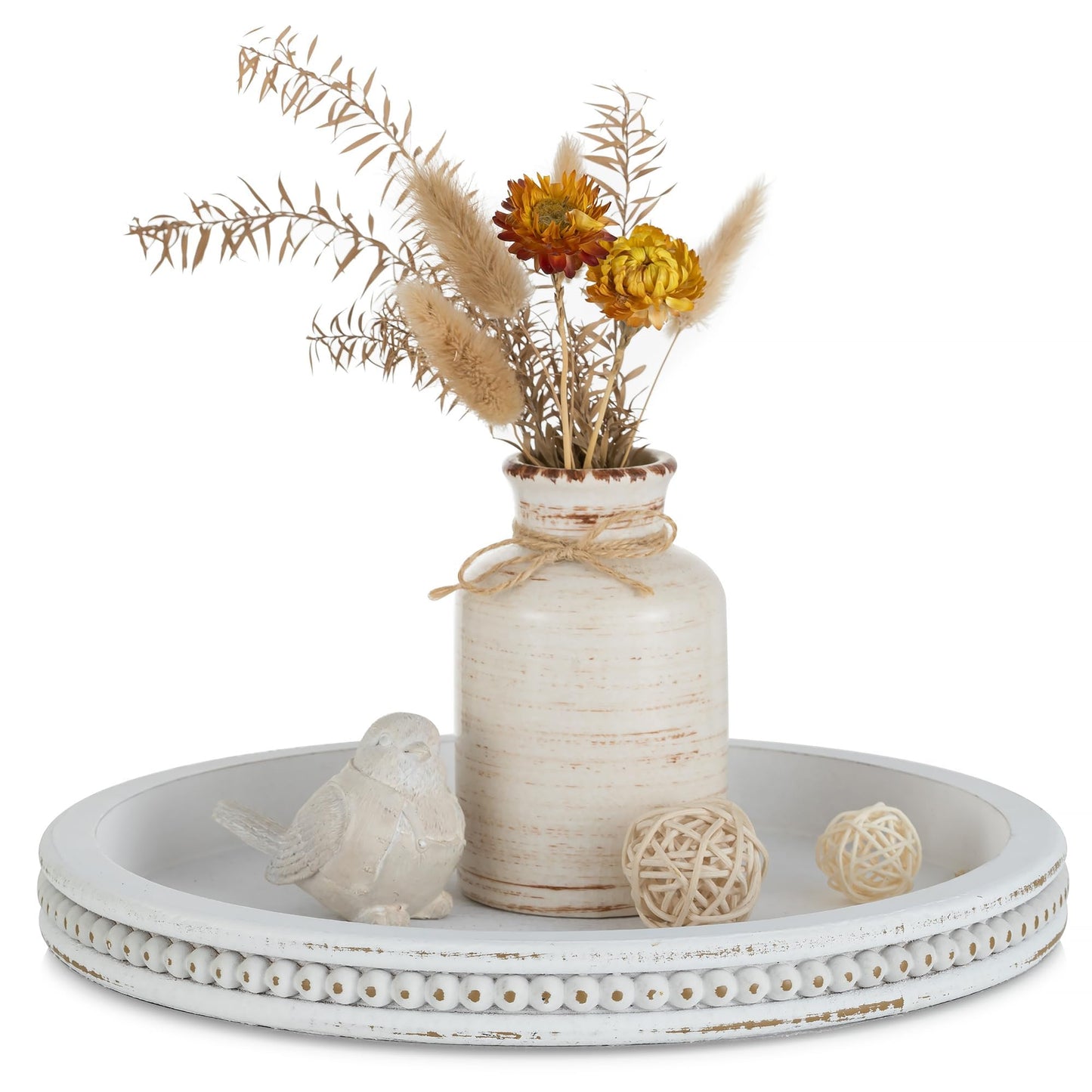 Hanobe Candle Tray Holder Decorative: Round Coffee Table Home Decor Centerpiece Boho White Serving Trays for Living Room Kitchen