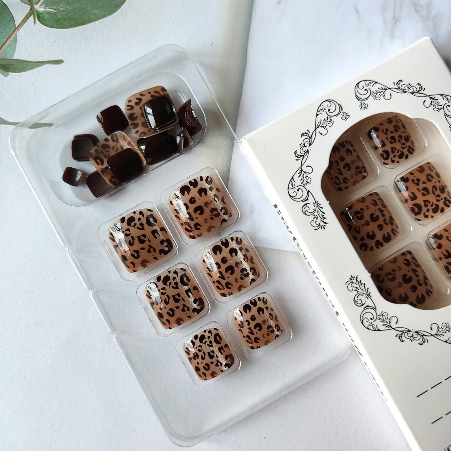 Leopard Press on Toenails Short Square Fake Toe Nails Glitter False Toenails Brown Glossy Acrylic Toes Nail Press ons Cheetah Print Nails Toe Press on Nails for Women 24Pcs