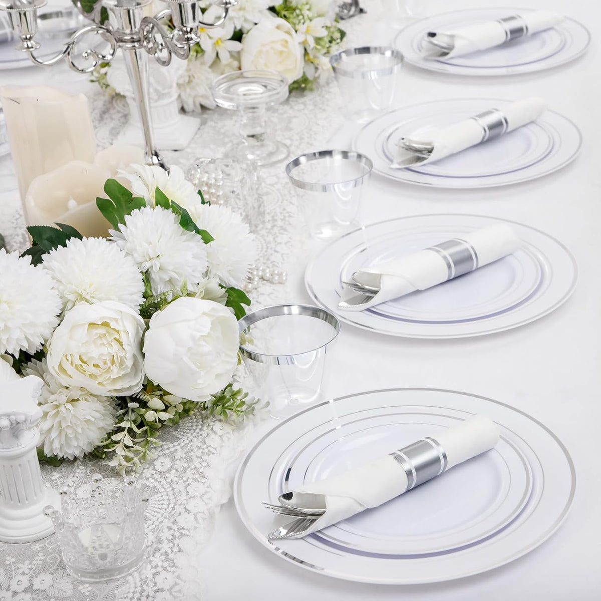 WELLIFE 210 Piece Silver Plastic Dinnerware Set for 30 Guests, Plastic Plates for Party, Include: 30 Dinner Plates, 30 Dessert Plates, 30 Pre Rolled Napkins with Silver Silverware and 30 Silver Cups