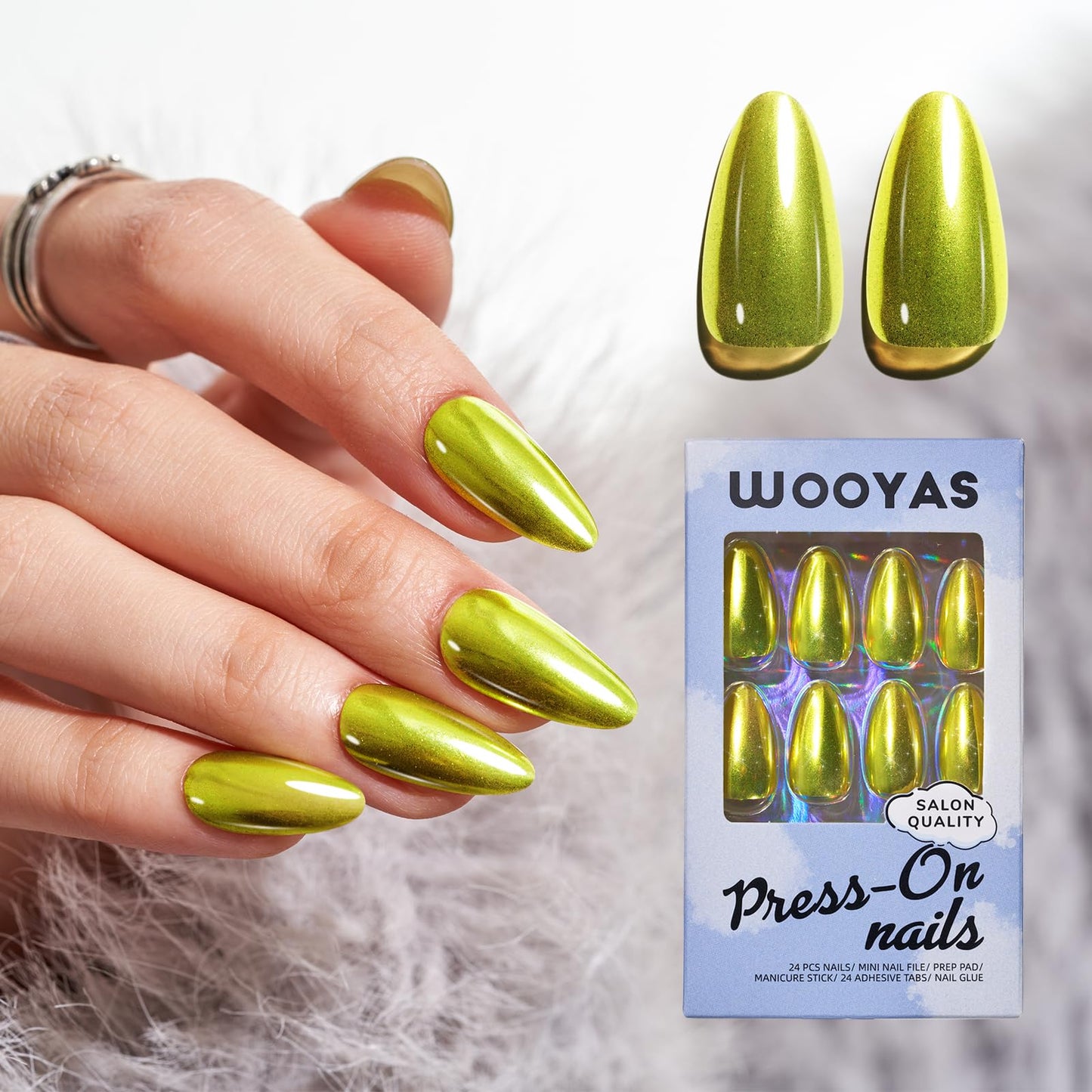 Press On Nails Medium Almond, Metal Mirror Green Handmade Jelly Gel False Nails Kit, Glossy Stick On Nails Tips, Glitter Glue On Nails, Reusable Artificial Nails with Design Manicure for Women Girls
