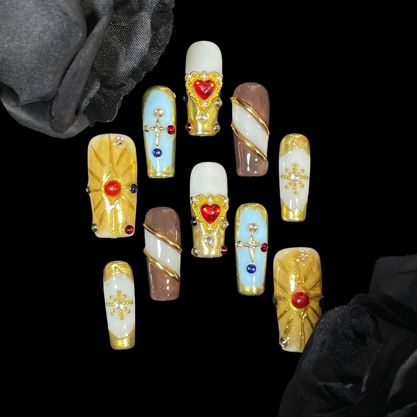 Handmade Press On Nails Middle/Long Square Luxury Acrylic Fake Nails - Vintage Red Heart & Diamond Gold Salon False Nails, 3D Press Ons Gift for Women (Luxury gold, S)