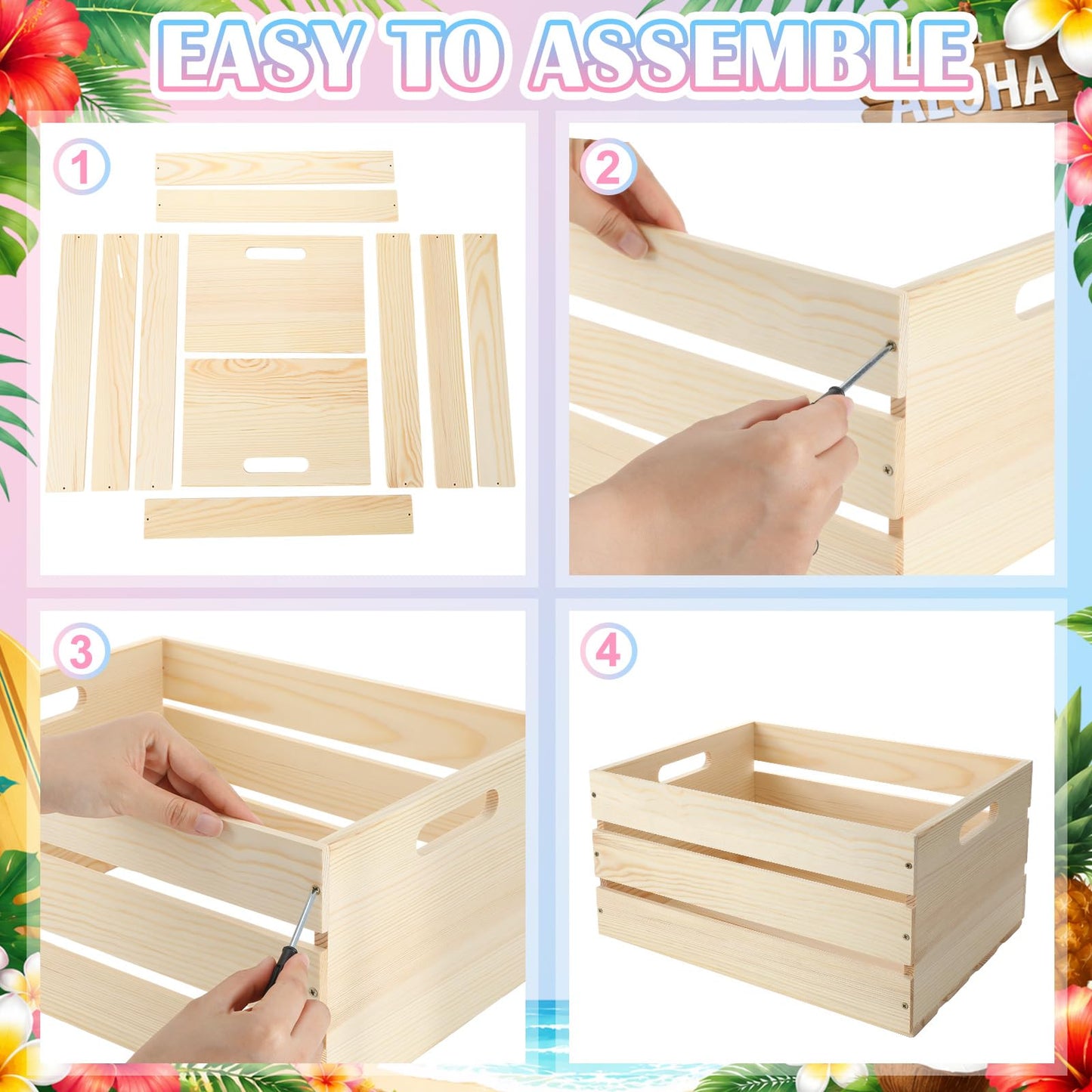 Huwena 2 Pack DIY Bikini Box Kit- DIY Bikini Storage, 16 * 12 * 8in Unfinished Wooden Storage Box Shells and Color Paint Assembly Summer Pool Bin for Hawaiian Tropical Beach Party