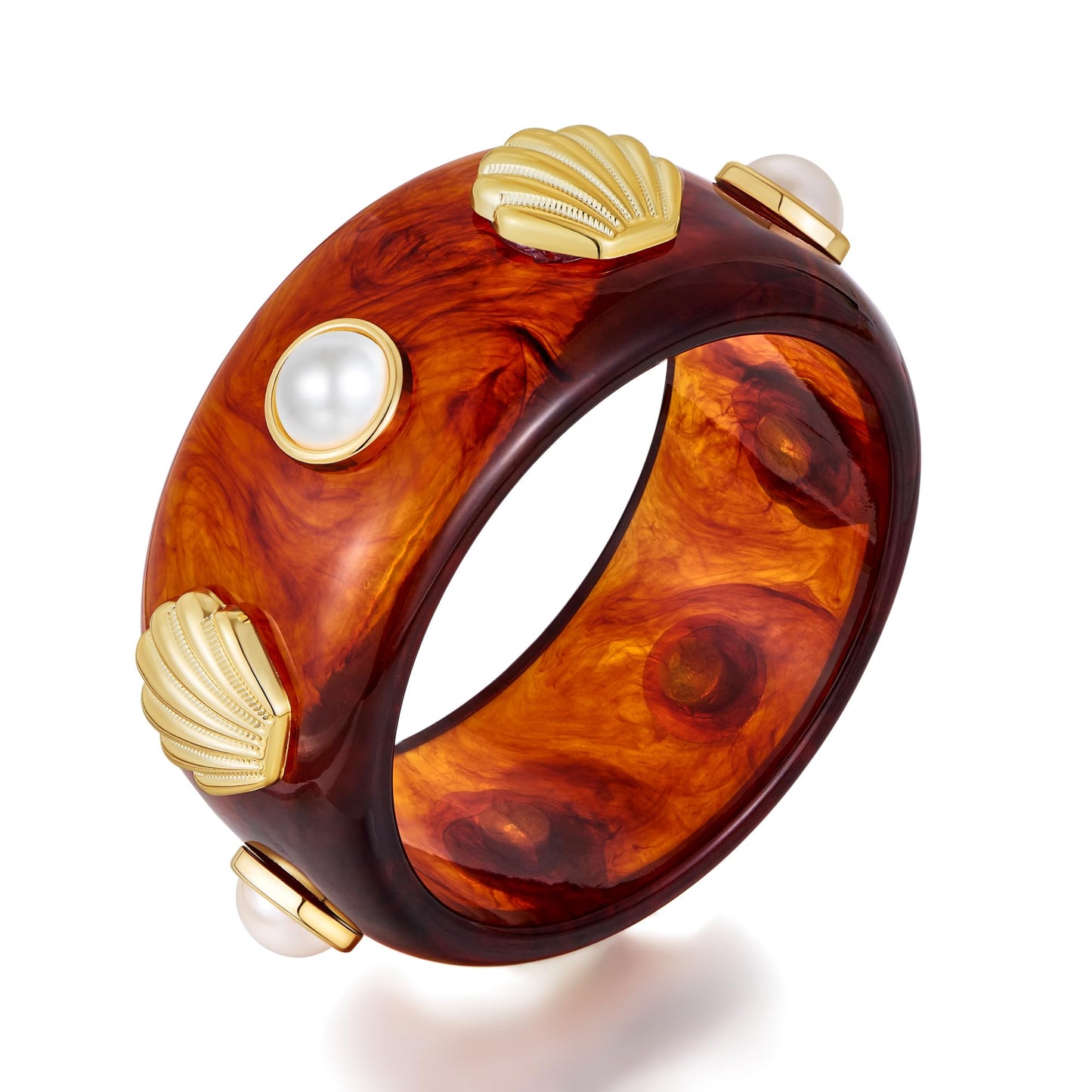 HUAYUNFANG Seashell Acrylic Resin Bracelet for Women Chunky Tortoiseshell Resin Bangle Beach Shell Pearl Acrylic Bracelets Statement Jewelry
