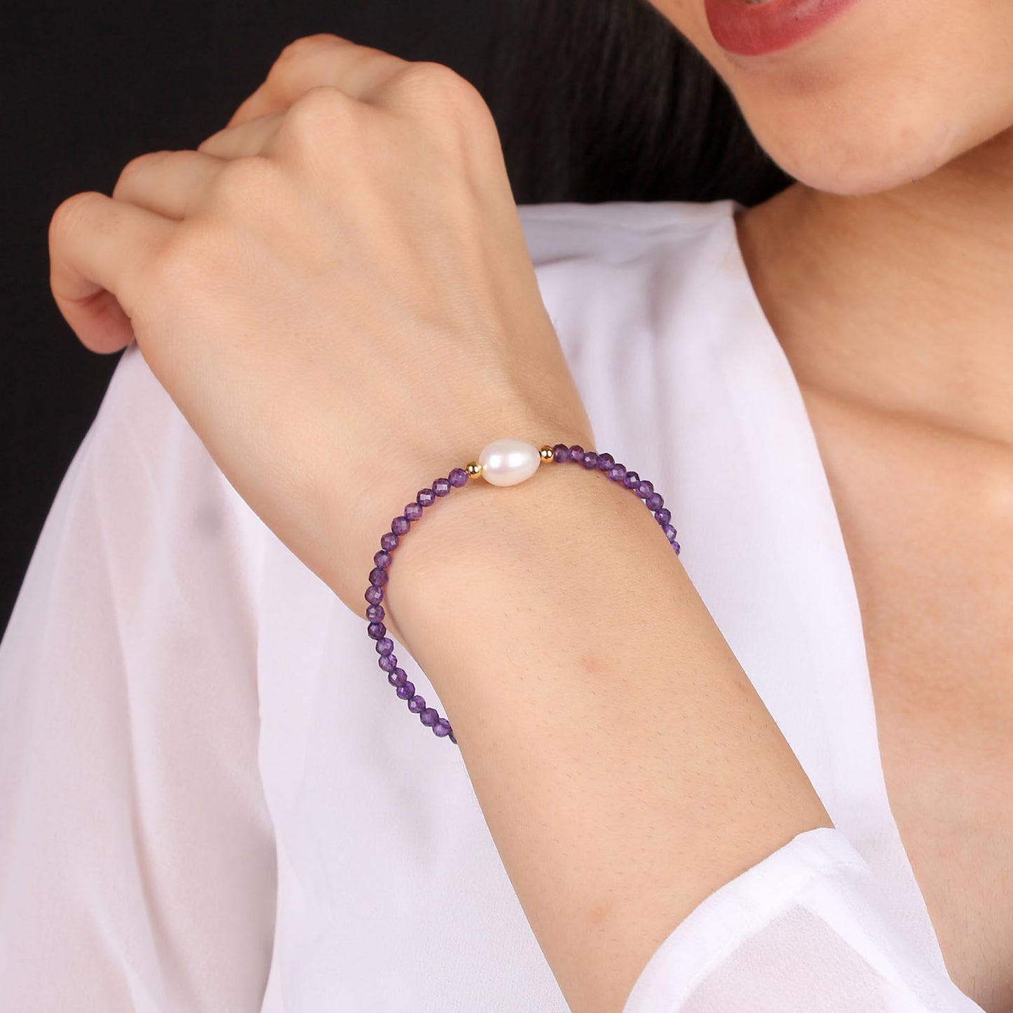 Gempires Black Spinel Beaded Bracelet with Pearl, Handcrafted Fresh Pearl and Gemstone Beads Adjustable Bracelet in 14k Hypoallergenic Gold Plated, Gift for Her (7.5 + 1 Inch Extender)