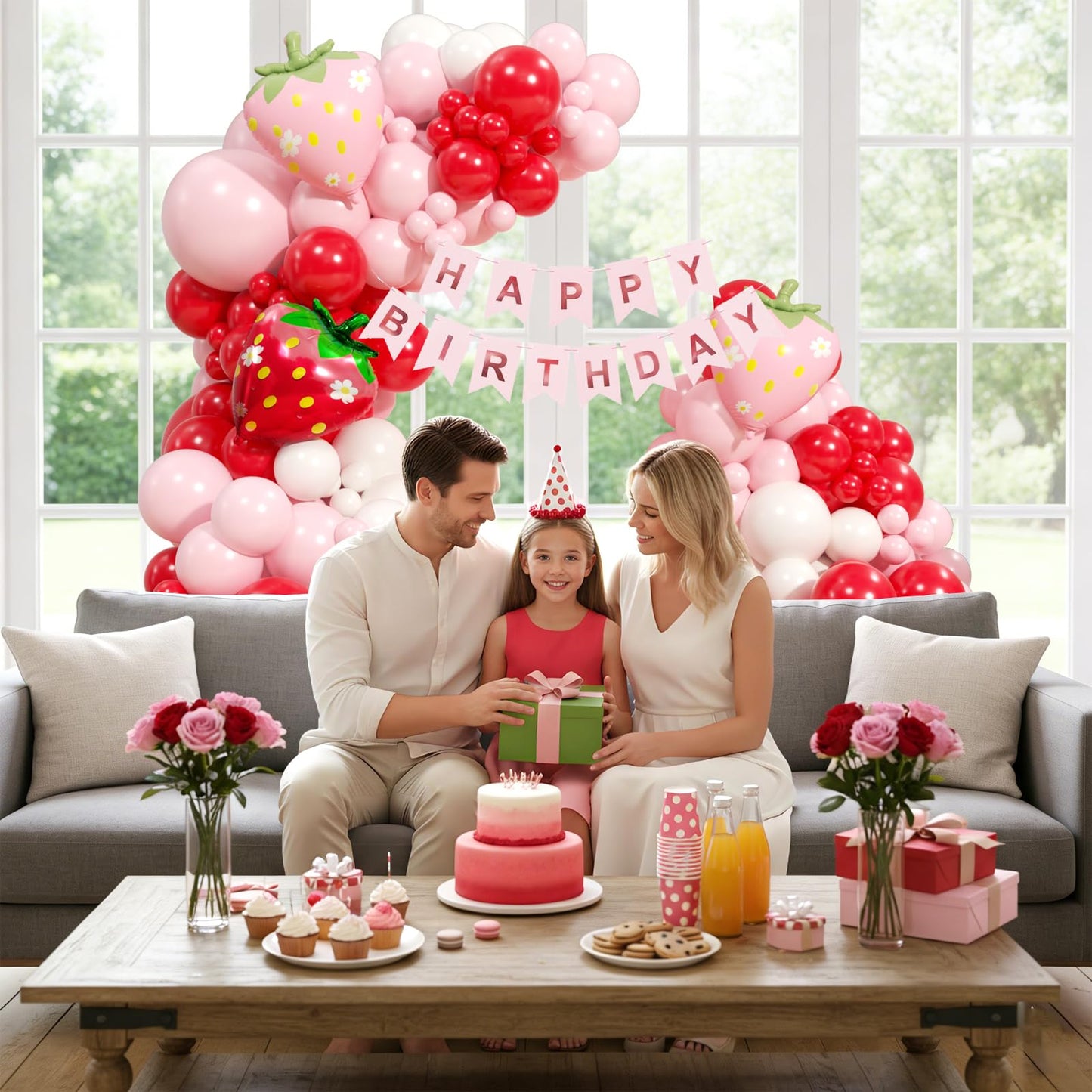 120pcs Strawberry Balloon Arch Kit with Red Pink Sand White Foil Strawberry Balloons for Baby Shower Birthday Party Decorations