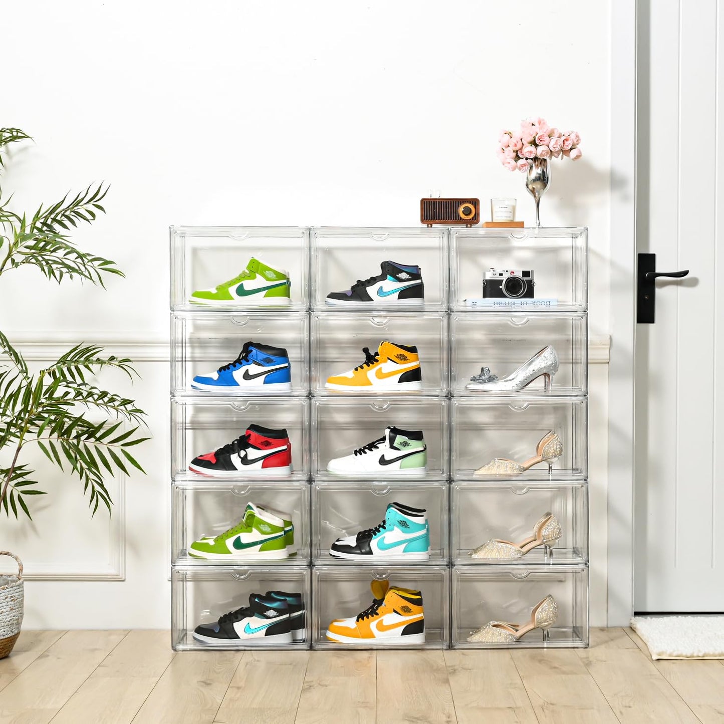 Uni HIMO Clear Shoe Organizer,Stackable Shoe Display Case,Shoe Box Storage Bins with Magnetic Door,Fit Shoe Size Up to US 14 (X-Large-2Pack)