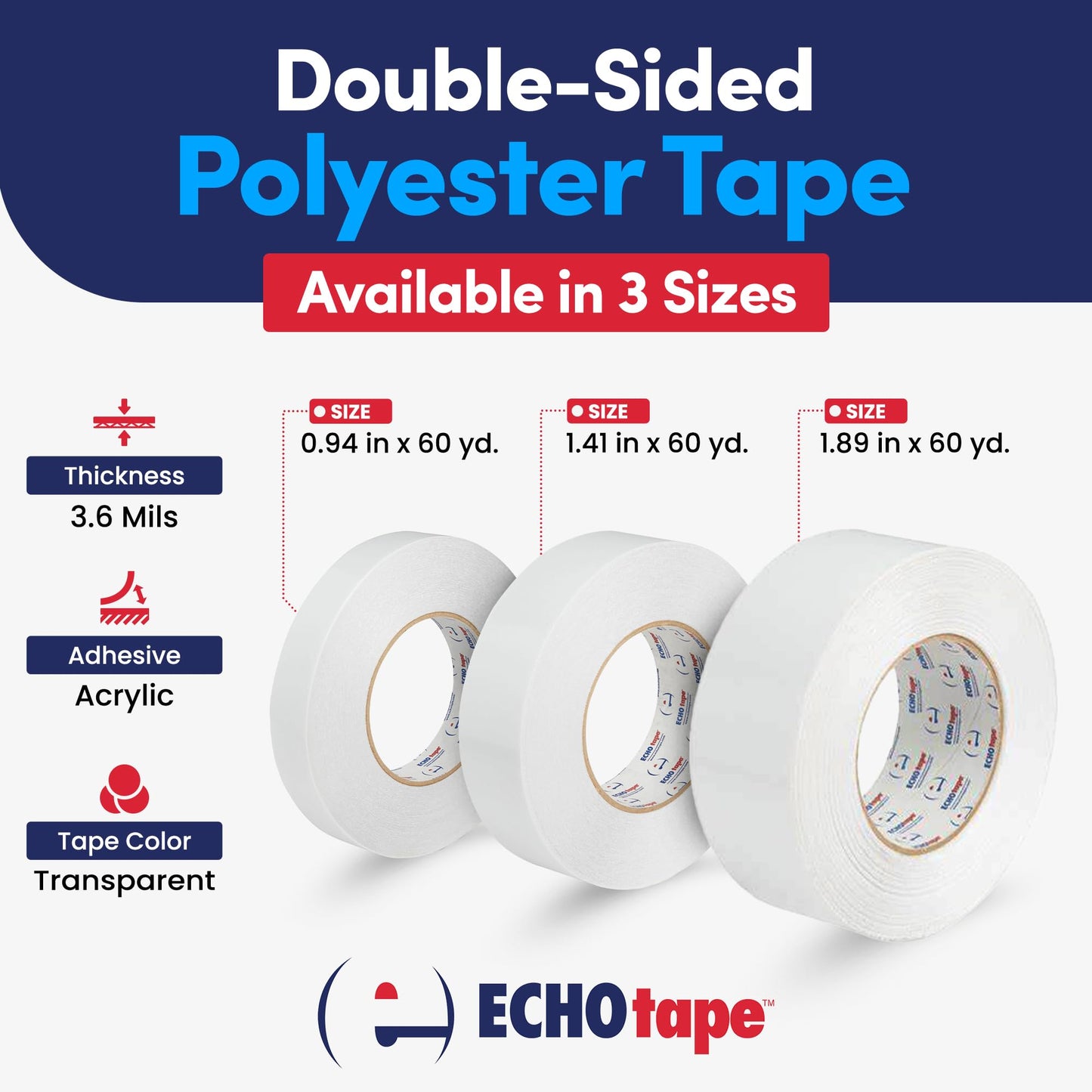 ECHOtape DC-M194A | Double-Sided Polyester Tape | Clear Thin Tape | All Weather/Cold Weather Tape | Insulation Mounting Tape | Contractor Tape | Superior Holding Power | 1.41 in x 60 yd