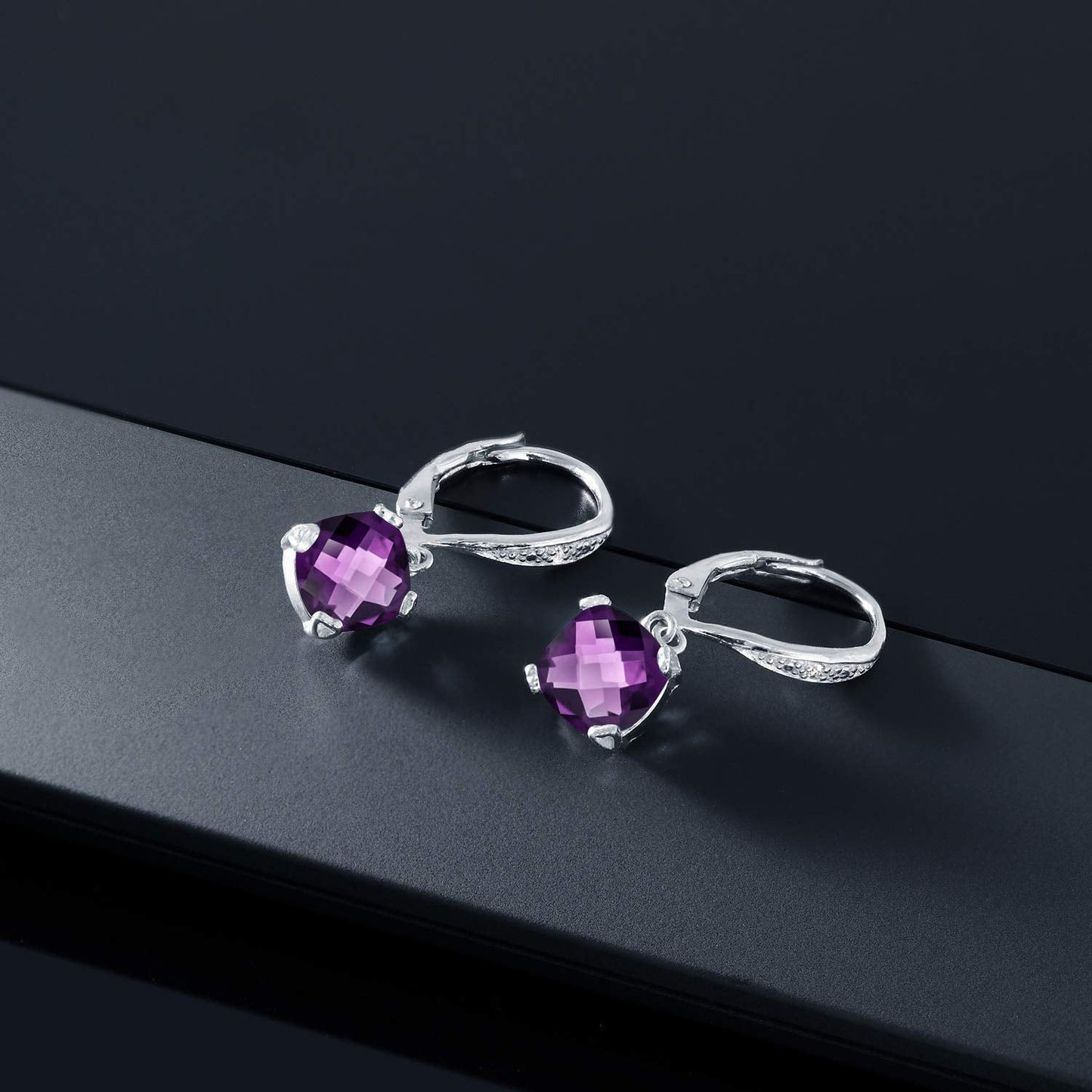 Gem Stone King Drop Dangle Earrings For Women | 7MM Cushion Cut Gemstone Birthstone and Diamond | 925 Sterling Silver | Jewelry Gift for Mom Wife Her | Amethyst-Checkerboard-February | Sterling Silver