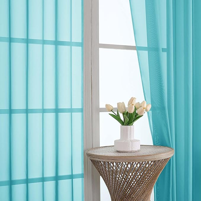 OVZME Turquoise Sheer Curtains 84 Inches Long 2 Panels Set, Light Filtering Sheer Curtains for Living Room Bedroom 59 Inch Extra Wide, Modern Voile Filmy Rod Pocket Window Drapes, 59Wx84L Inches