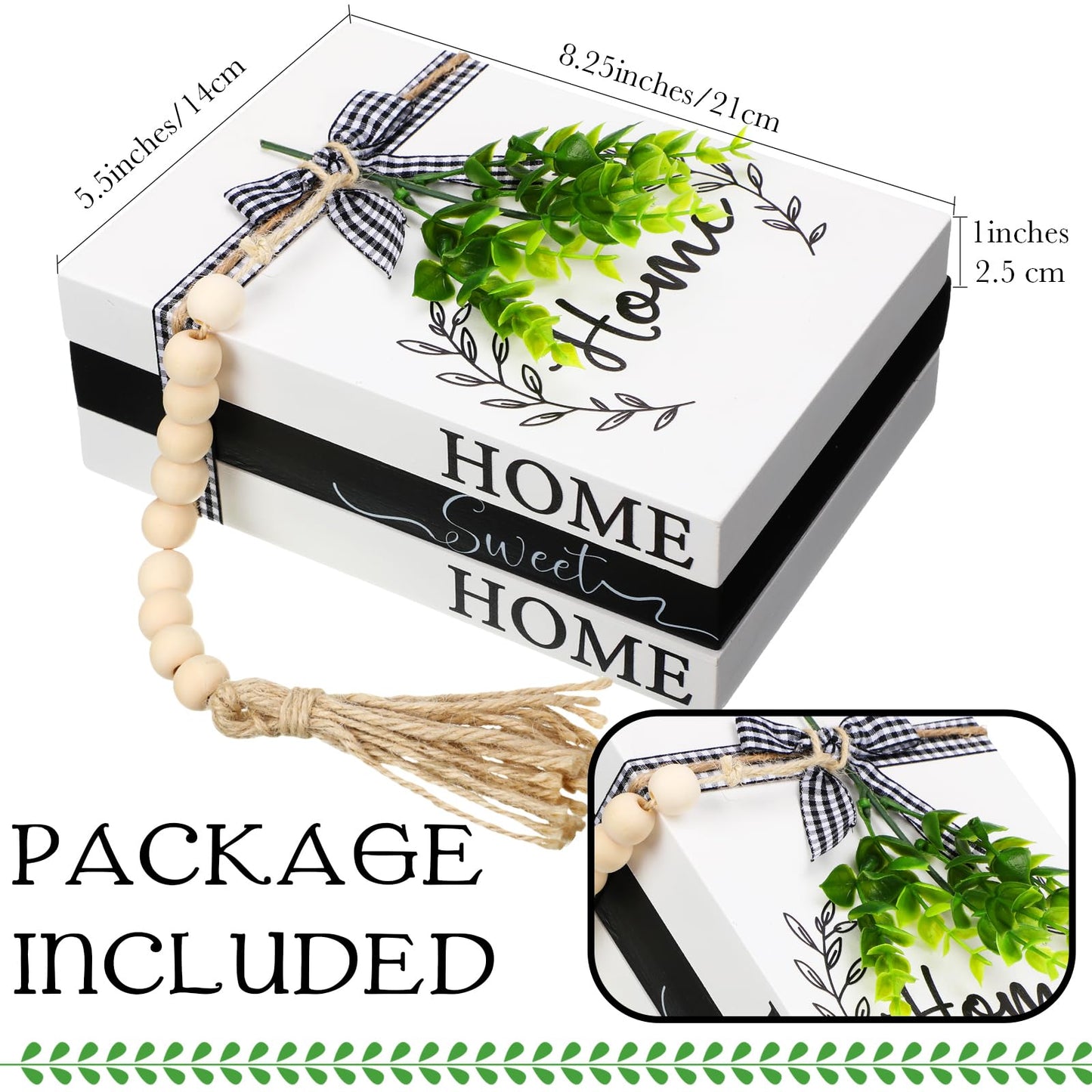 Capoda 3 Pcs Decorative Books for Home Decor Farmhouse Faux Stacked Books Wooden Rustic Table Decor with Bead Garland Twine Ribbon Faux Leaf for Table(Home)