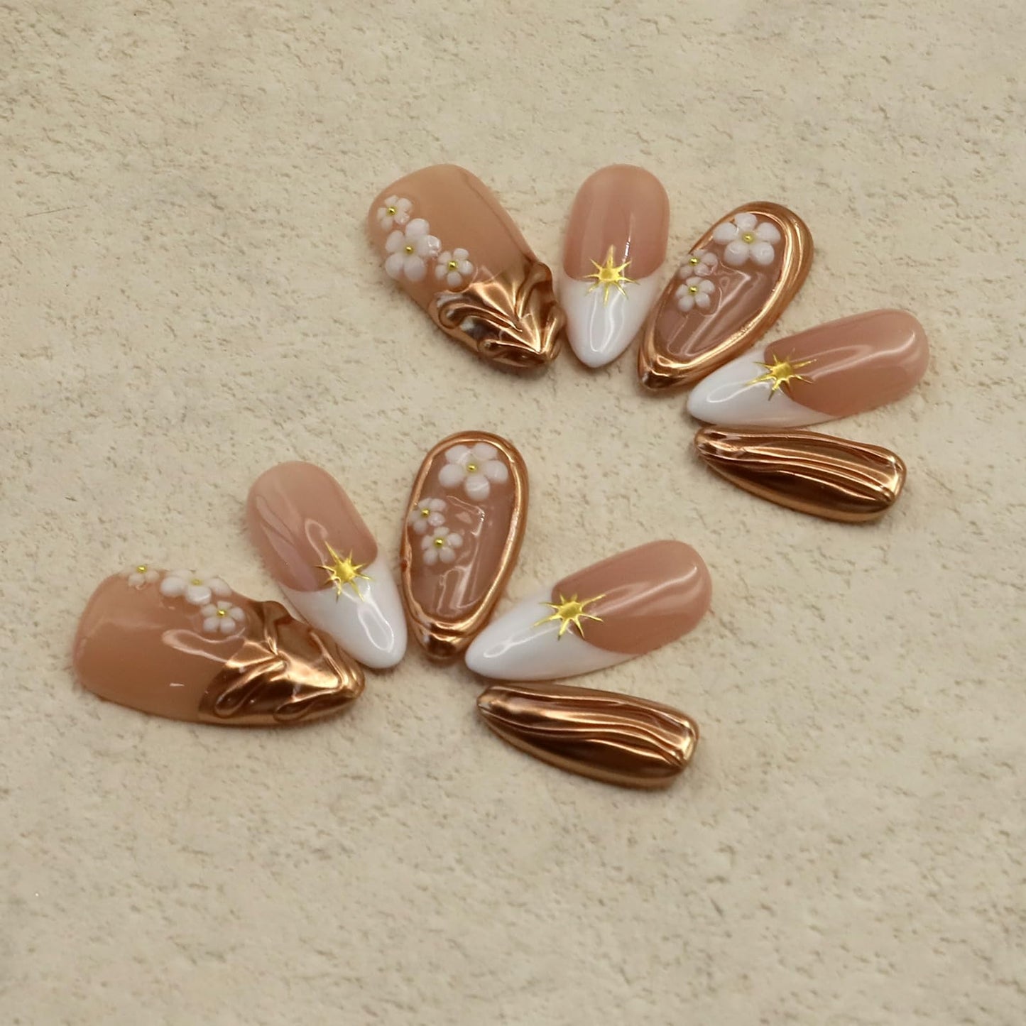 10Pcs Handmade Flower Press on Nails Almond Fake Nails French Tip False Nail with 3D Floral Rhinestone Design Handmade Acrylic Nails Press ons Spring Summer Flower Stick on Nails for Women (S)
