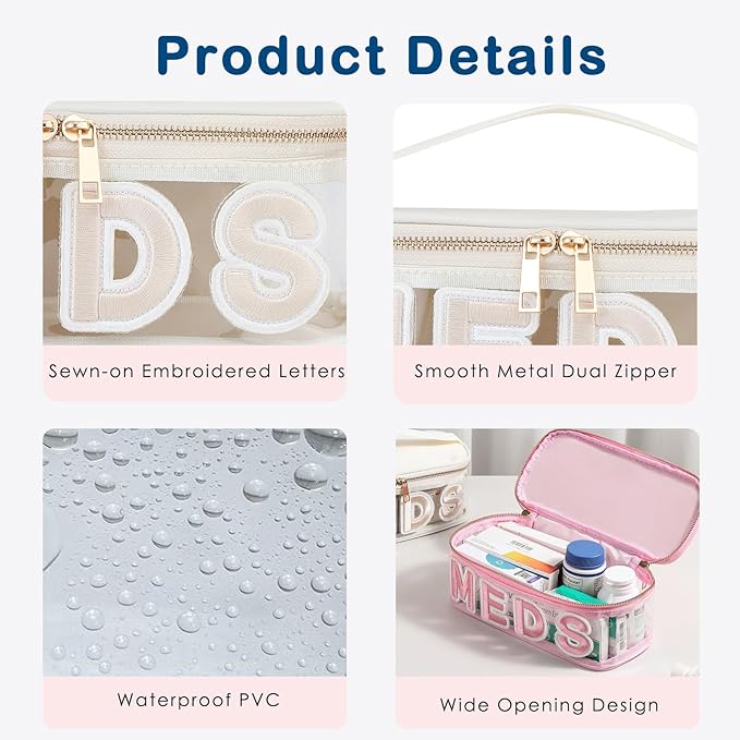 Clear PVC Letter Patch MEDS RX Makeup Bag with Metal Zipper,Large Capacity Nylon Transparent Medicine Bag with Top Handle,First Aid Travel Organizer Cosmetic Bag(01 Beige MEDS)