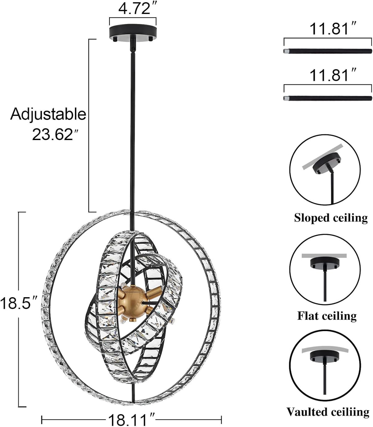 18" Crystal Globe Sputnik Chandelier, 6-Light Black Gold Modern Adjustable Hanging Ceiling Pendant Light Fixture for Entryway Foyer Stairway Bedroom Dining Living Room Hallway