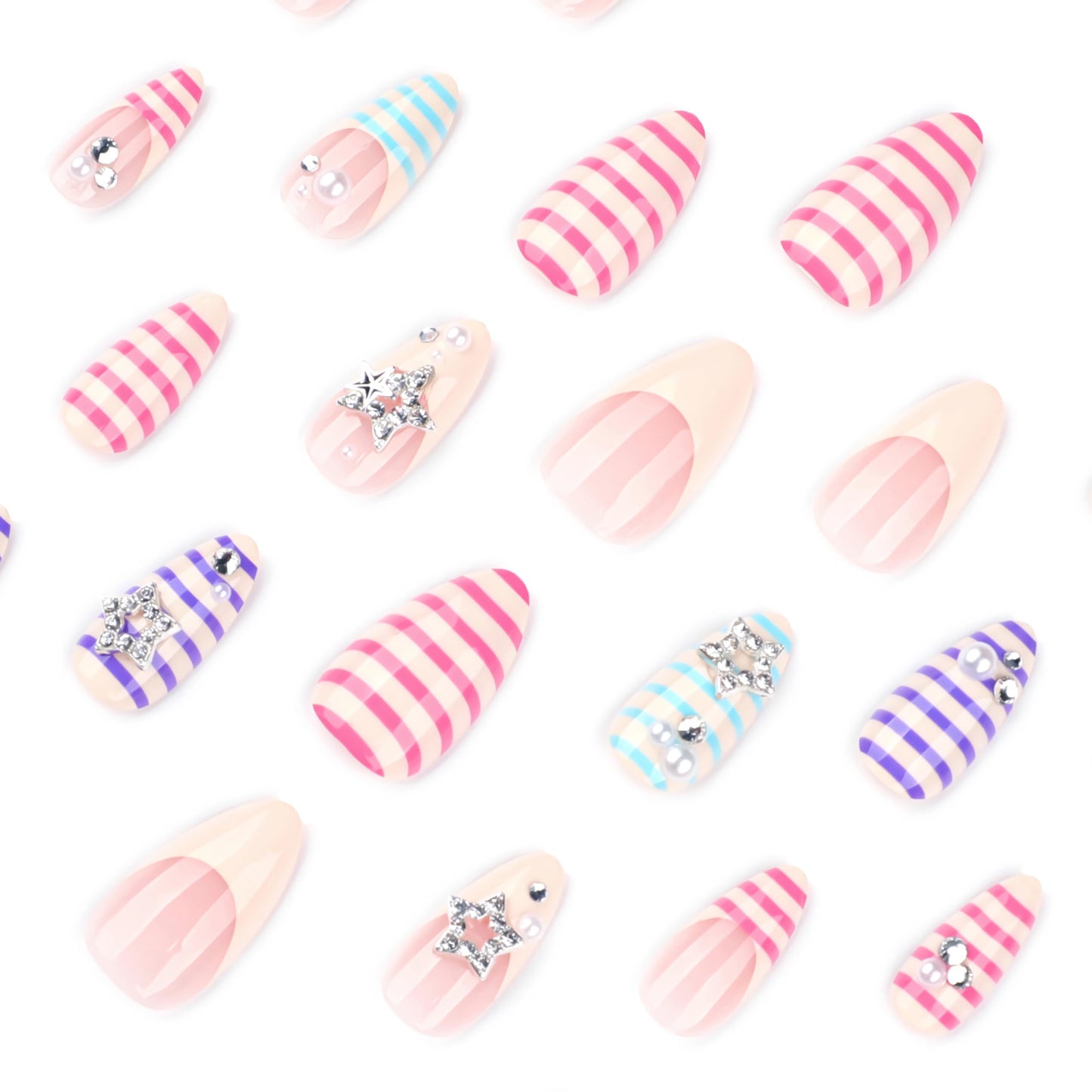 BABALAL Stripe Press on Nails - Medium Almond Fake Nails, Colorful Summer Design with Star Charm, Cute Y2K Salon Manicure Set 24PCS