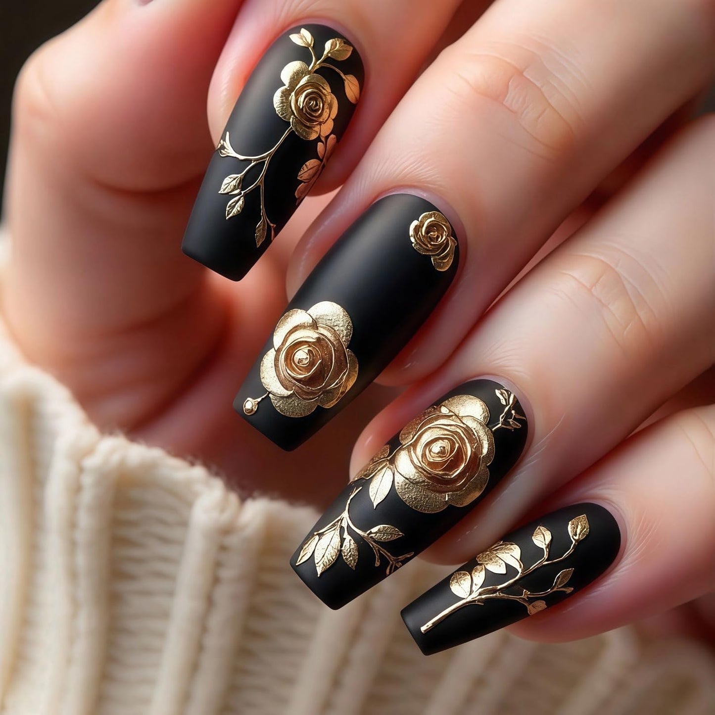 MISUD Press on Nails - Long Coffin Fake Nails with Black, Acrylic Gold Chrome Flower Design 24 pcs