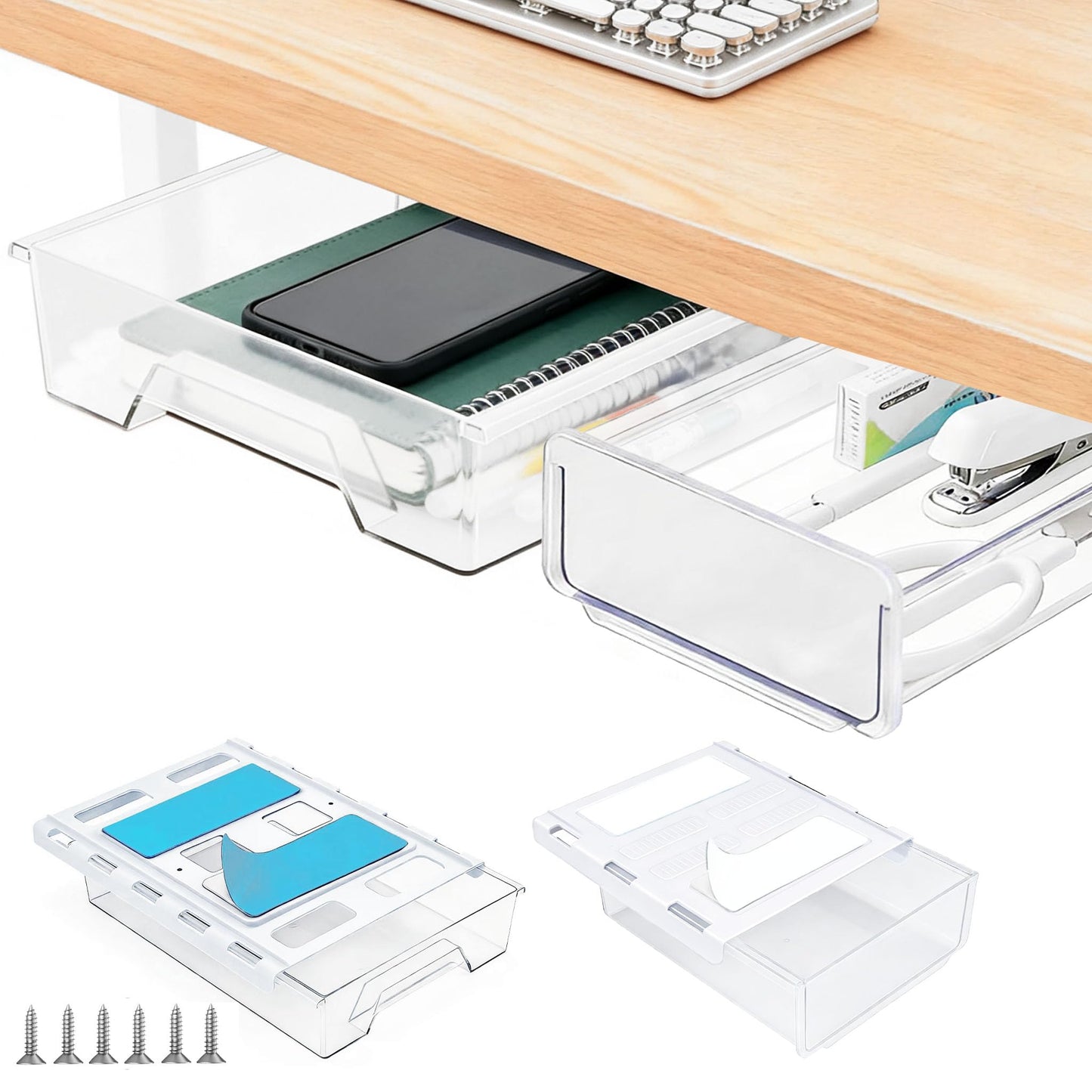 2 Pair Super Capacity 11.85 "x 8.9" Under Desk Drawer Hidden Strorage Drawer Self-Adhesive Slide Out with Smooth Gliding Motion - Attachable & Space-Saving Under Desk Organizer with Screw Kit, Clear