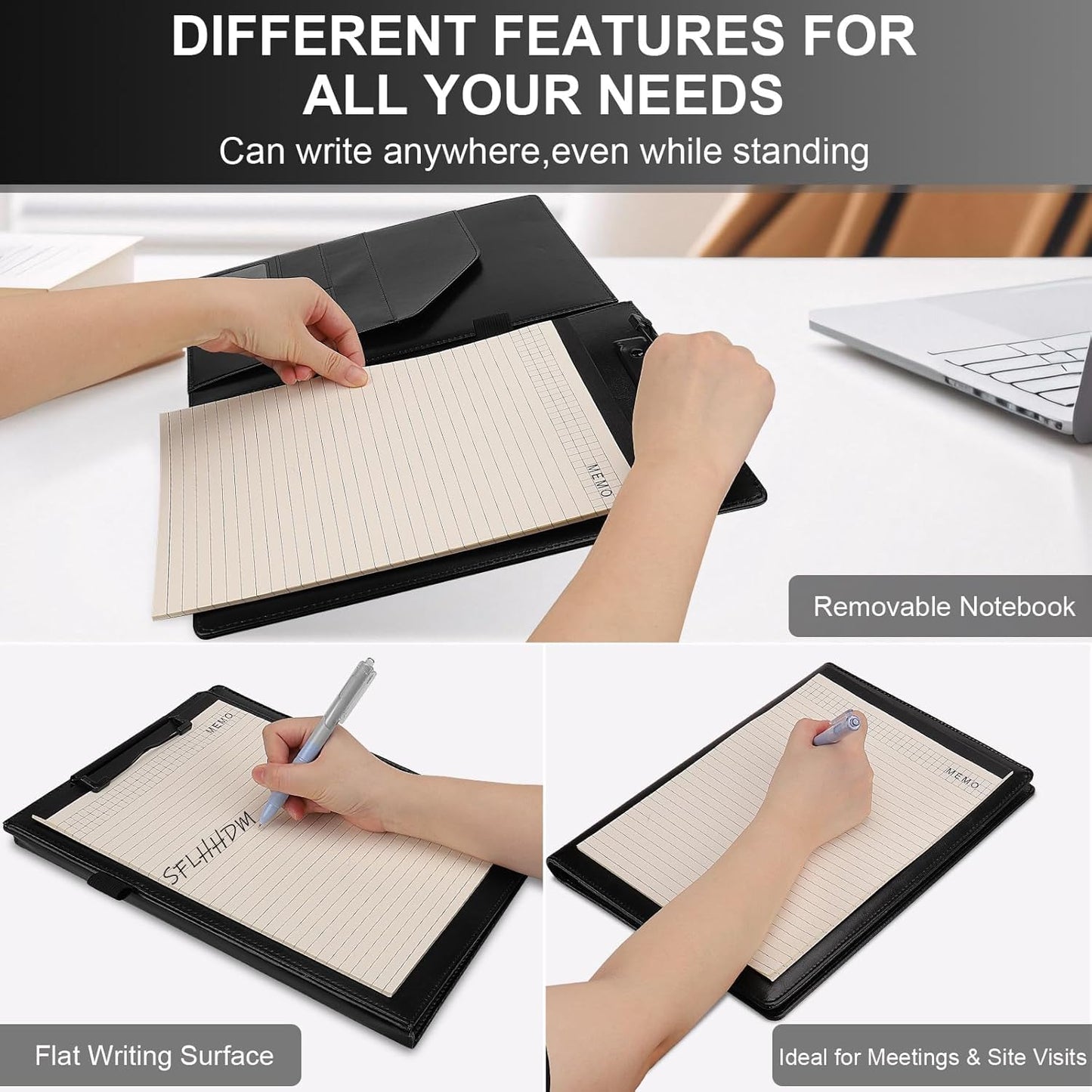 Portfolio Folder Padfolio with A4 Clipboard, Professional PU Leather Folder Binder with Clipboard Folio, Letter Size, Clip Board Organizer for Legal Documents, Business Card Resume Folder, Men Women
