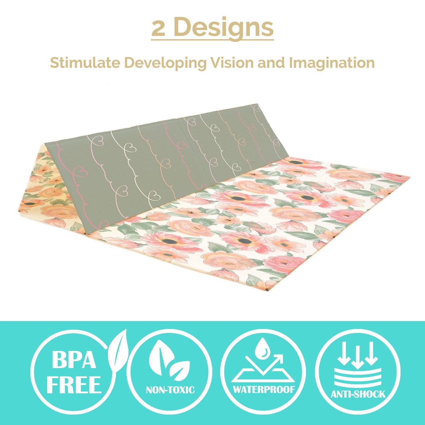 JumpOff Jo Foldable Foam Play Mat – Large Waterproof Baby & Toddler Activity Floor Mat, Double-Sided 70 x 59 Inch Play Surface - Love Blossoms