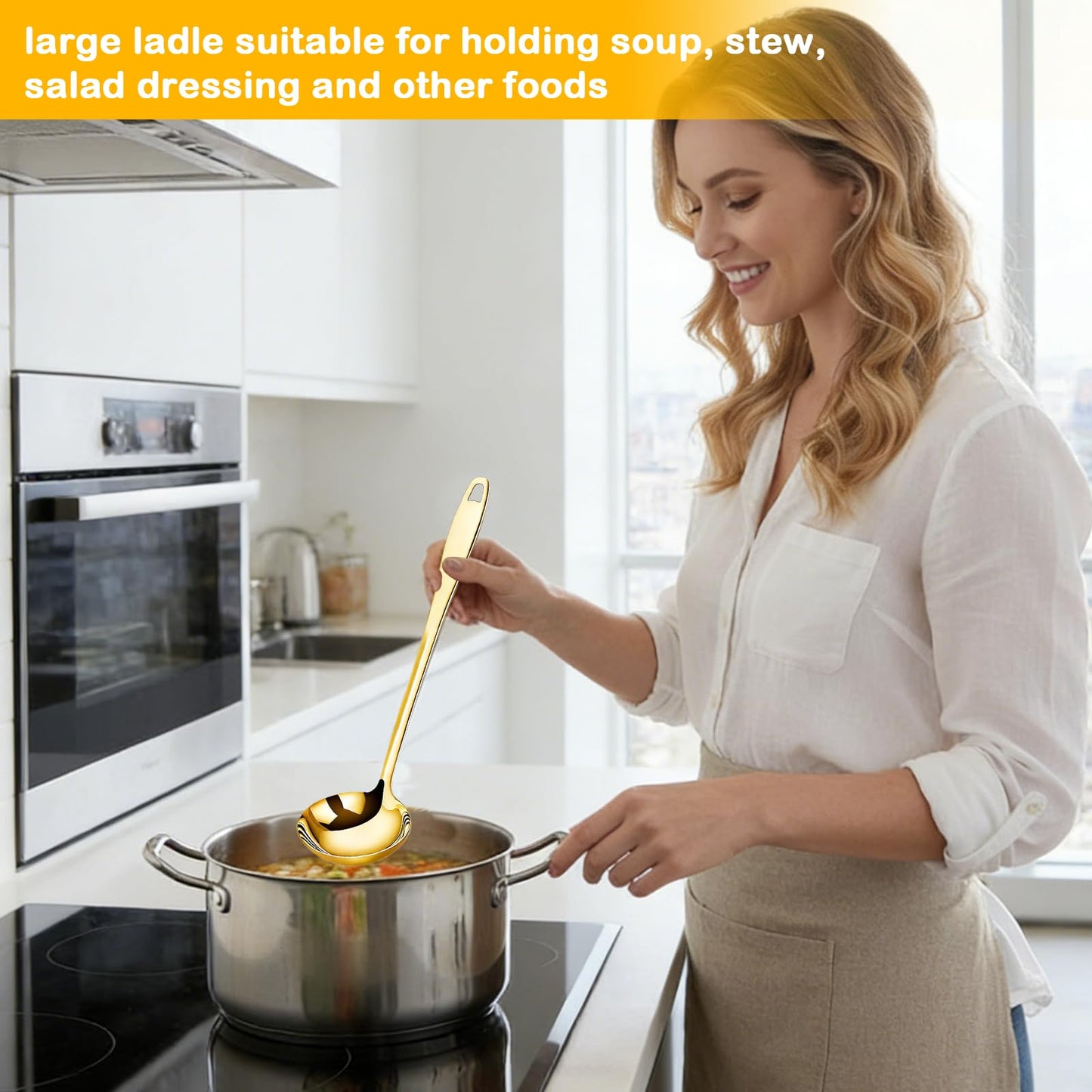 Soup Ladle, 2Pcs Stainless Steel Ladle spoon, 12.2Inch Metal Long Handle Serving Spoon for Cooking Buffet, Party, Kitchen, Gold