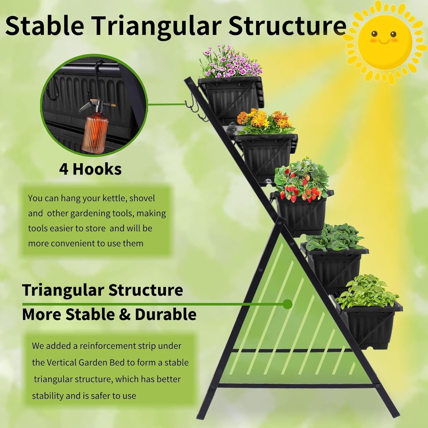 TEANDE 2 Pack Vertical Raised Garden Bed, 5-Tier Elevated Planter Box w/Drainage System & 4 Hooks for Herbs Vegetables Flowers, Vertical Garden Planter for Patio Yard Indoor Outdoor, Black