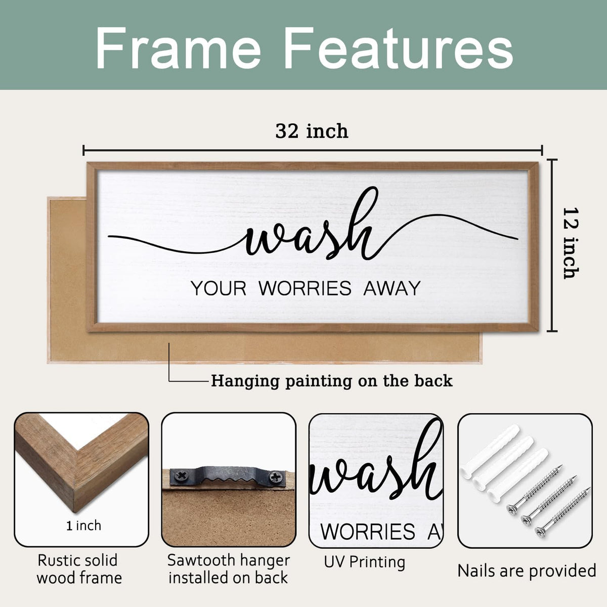 Wash Your Worries Away Wall Art Sign 32"×12" Laundry Room Large Wood Framed Restroom Toilet Wall Decor Hanging (Wood)