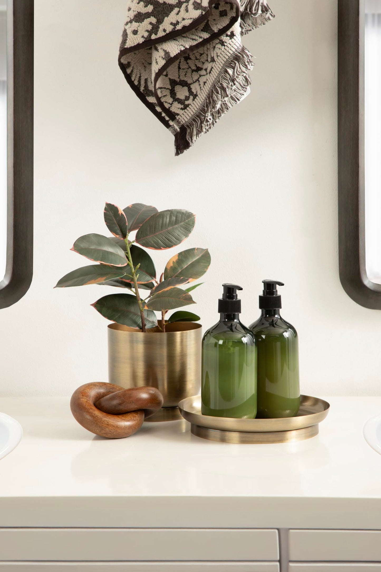 Kate and Laurel Anaya Wooden Three-Piece Decor Accent Set, Walnut Brown and Antique Brass, Set of 3, Modern Tabletop Decor Set Including Planter Pot, Accent Tray, and Wooden Knot