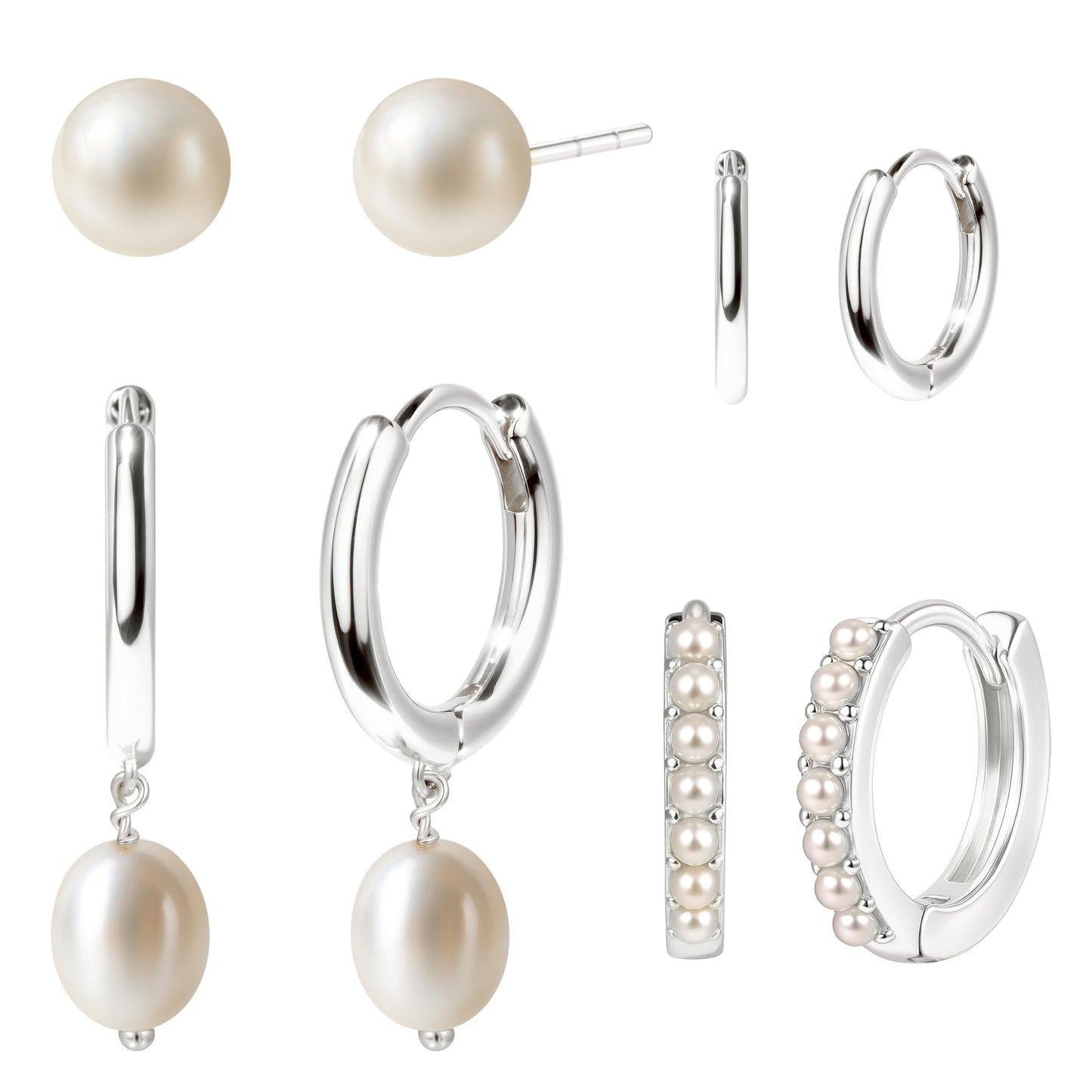 Silver Pearl Earrings for Women,Huggie Small Stack Cartilage Stud Hoop Earring Sets for Multiple Double Piercing, Conch Helix Rook Tragus Daith Piercing Silver Clip On Jewelry Set Gifts